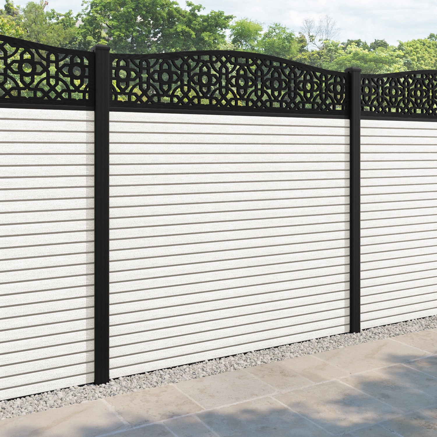 Hudson Nabila Curved Top Fence Panel - Light Stone - with our aluminium posts