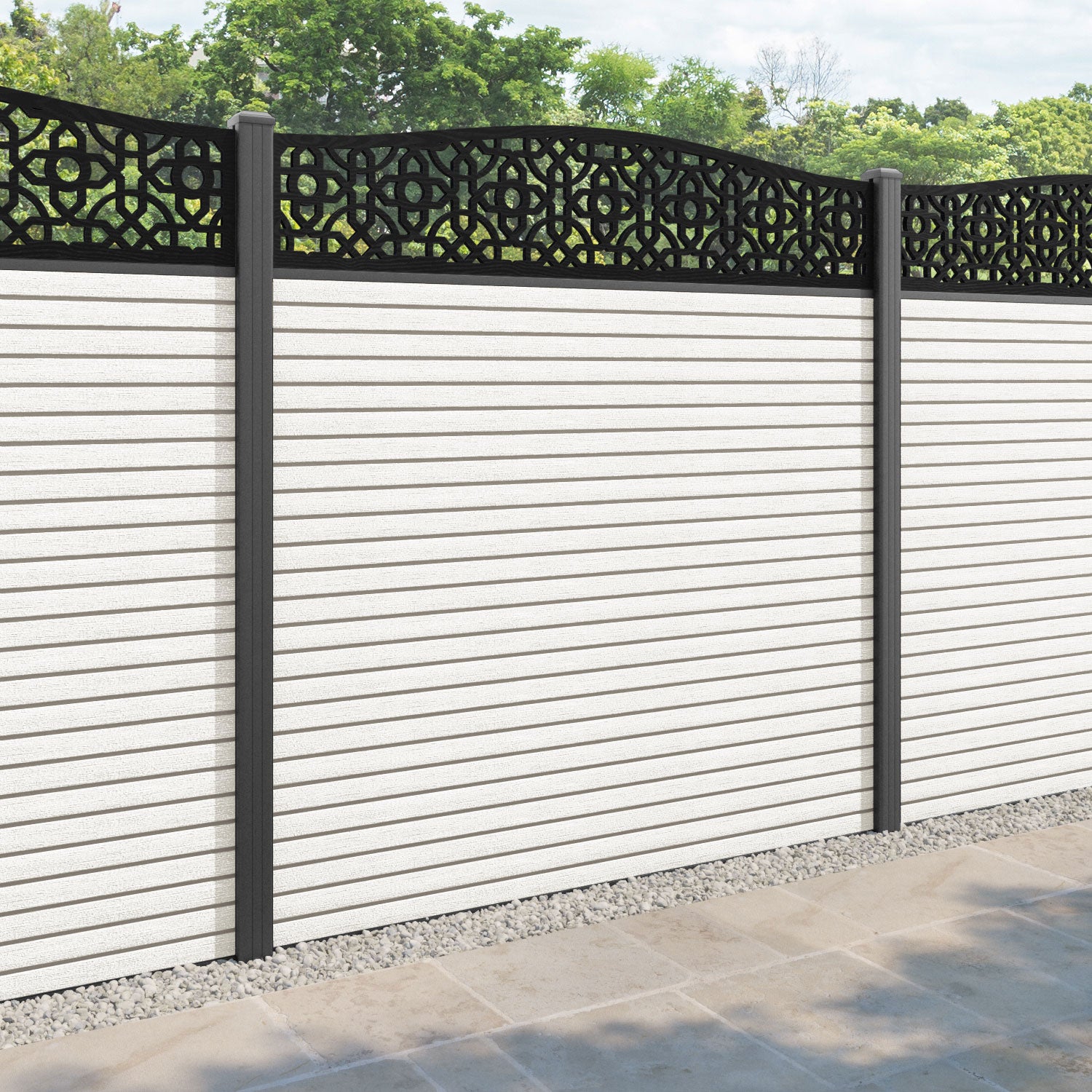 Hudson Nabila Curved Top Fence Panel - Light Stone - with our aluminium posts