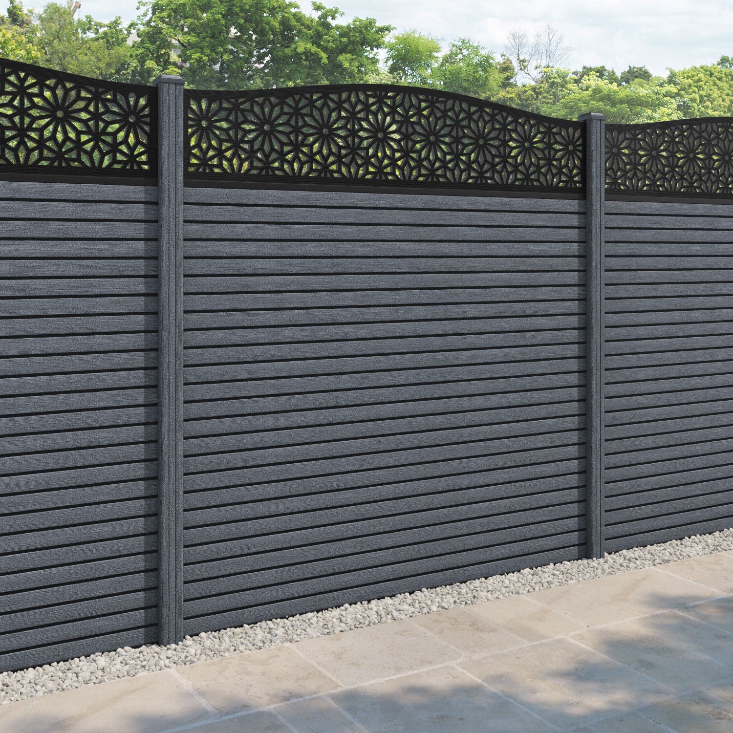 Hudson Narwa Curved Top Fence Panel - Anthracite - with our composite posts