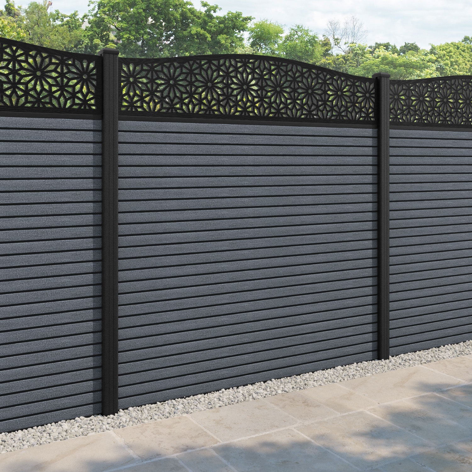 Hudson Narwa Curved Top Fence Panel - Anthracite - with our composite posts