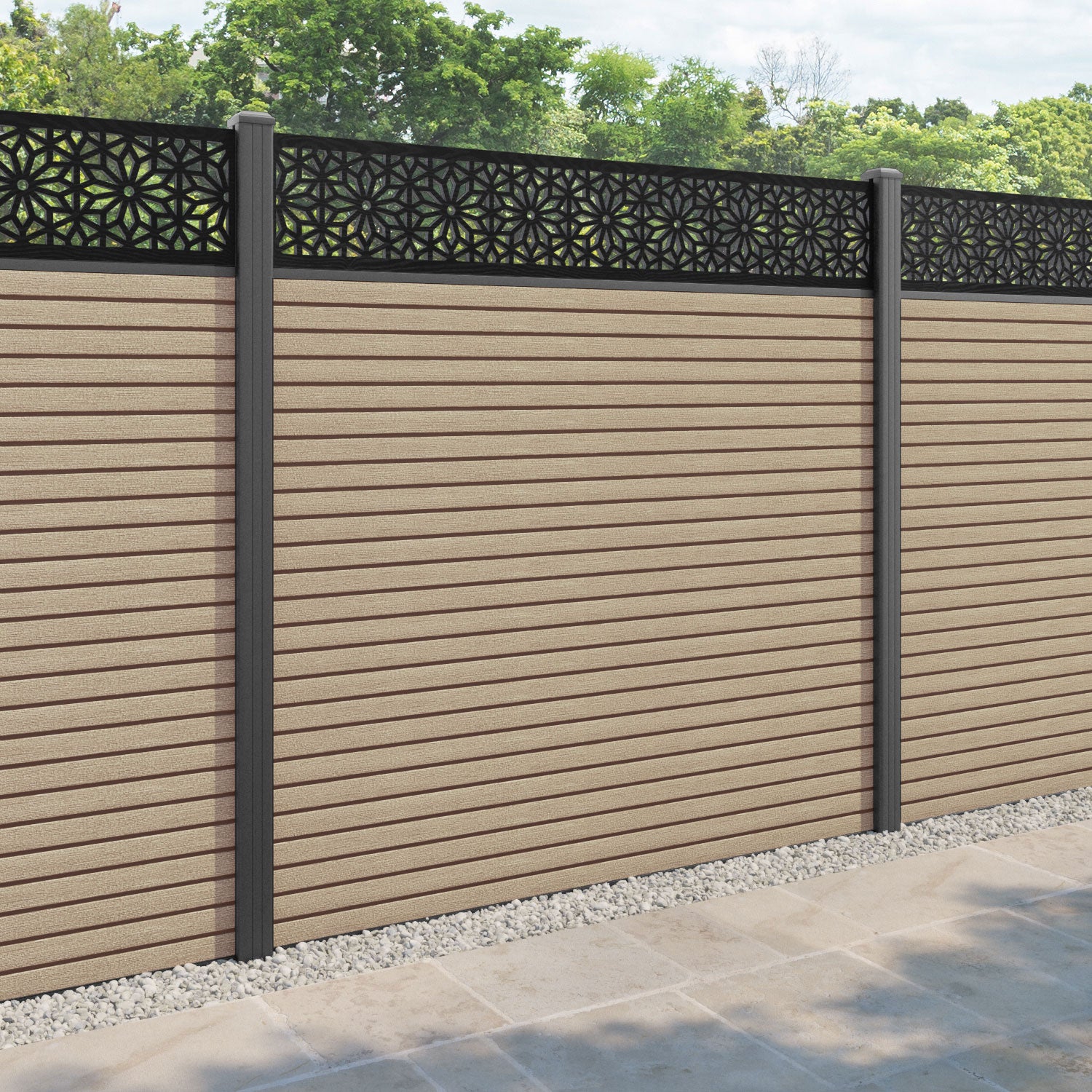 Hudson Narwa Fence Panel - Light Oak - with our aluminium posts