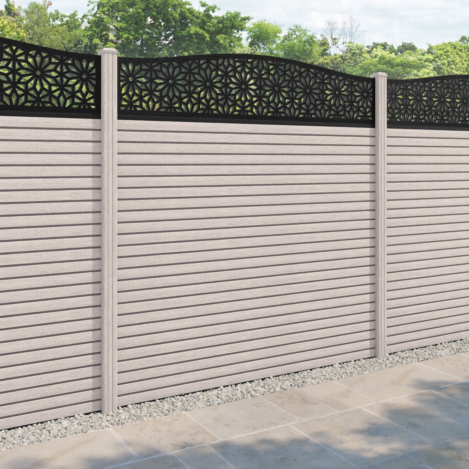 Hudson Narwa Curved Top Fence Panel - Mid Stone - with our composite posts