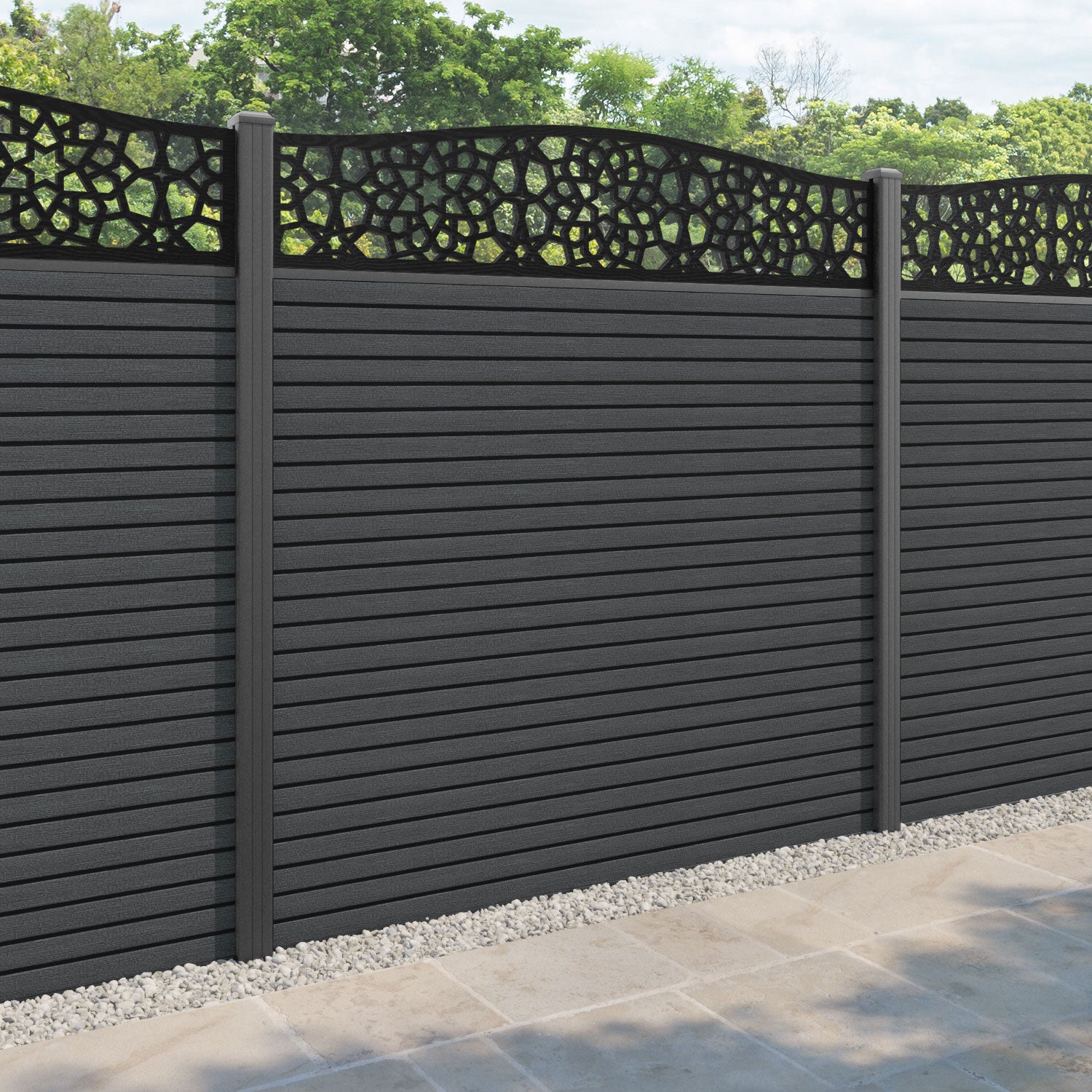 Hudson Nazira Curved Top Fence Panel - Dark Grey - with our aluminium posts