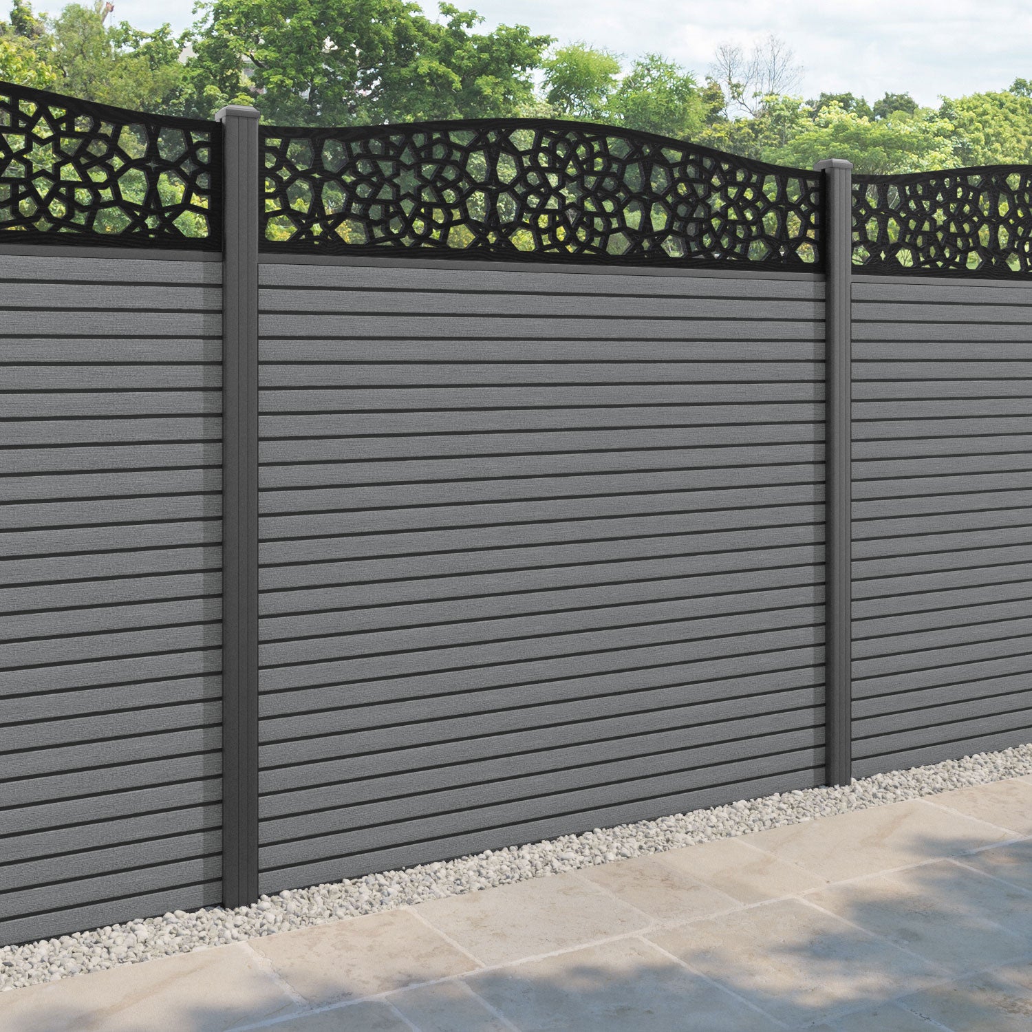 Hudson Nazira Curved Top Fence Panel - Mid Grey - with our aluminium posts