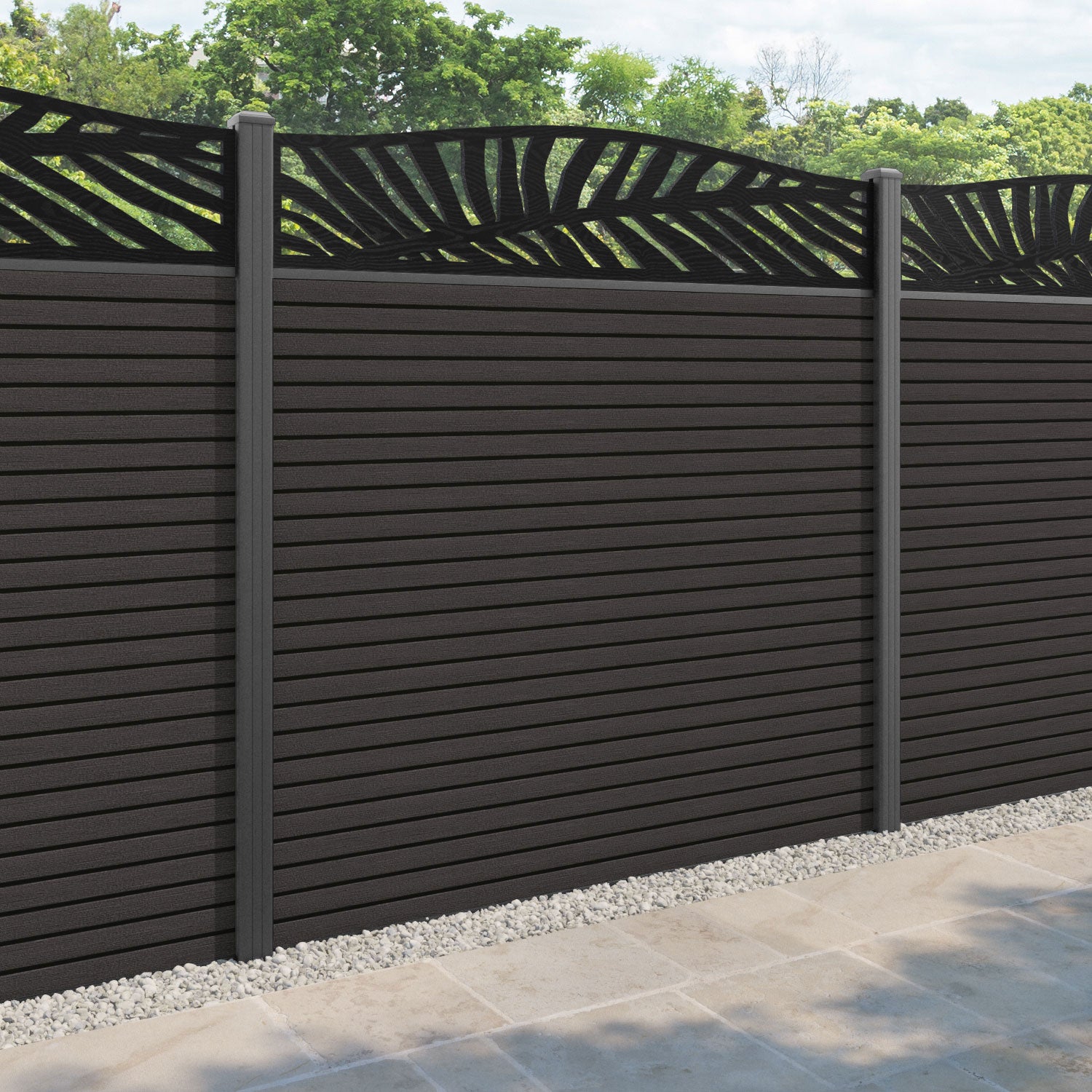 Hudson Palm Curved Top Fence Panel - Dark Oak - with our aluminium posts