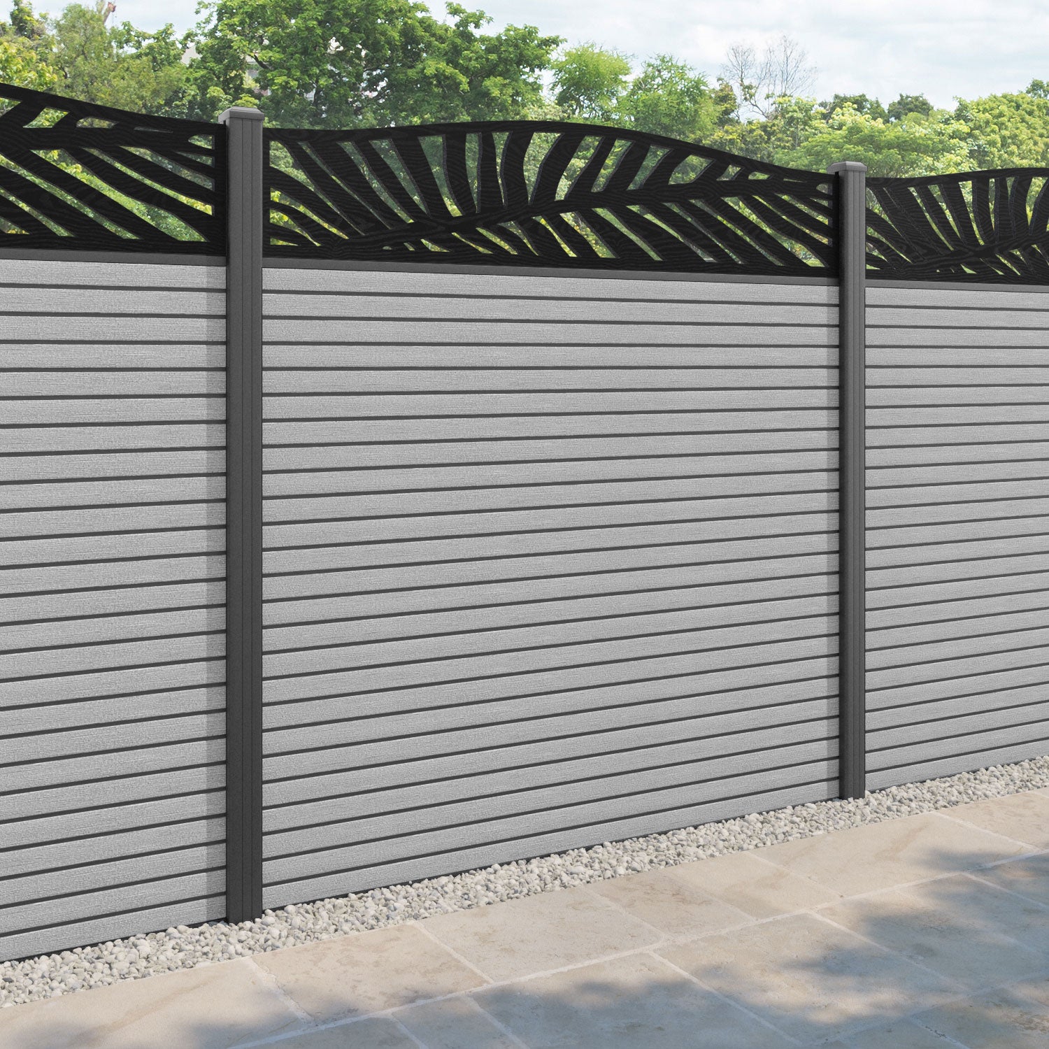 Hudson Palm Curved Top Fence Panel - Light Grey - with our aluminium posts