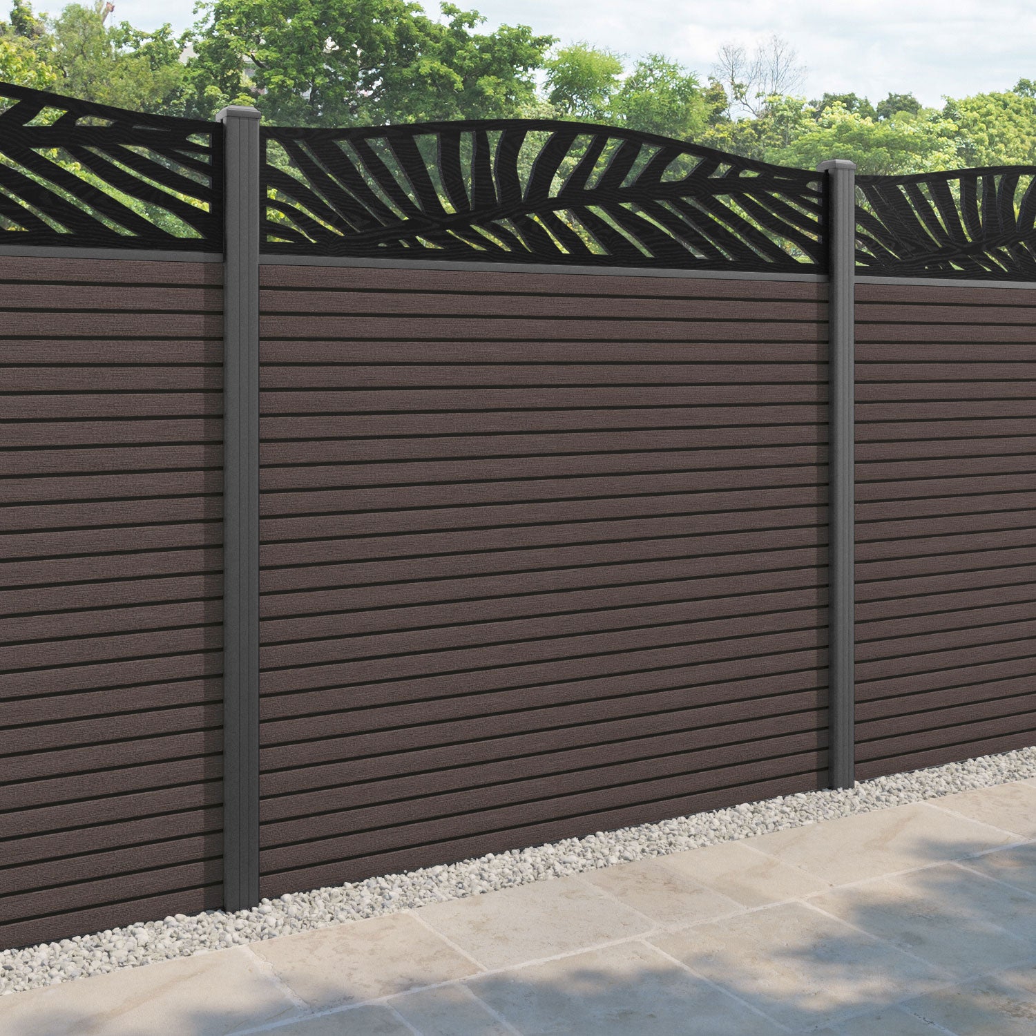 Hudson Palm Curved Top Fence Panel - Mid Brown - with our aluminium posts