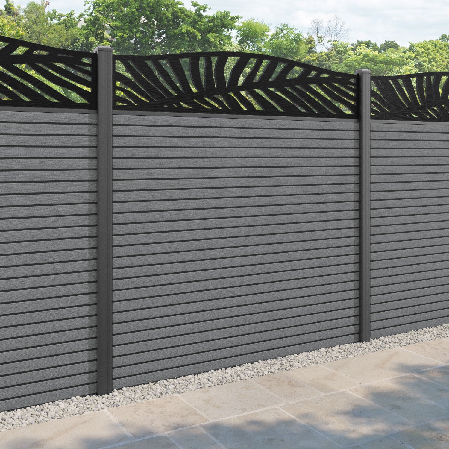 Hudson Palm Curved Top Fence Panel - Mid Grey - with our aluminium posts
