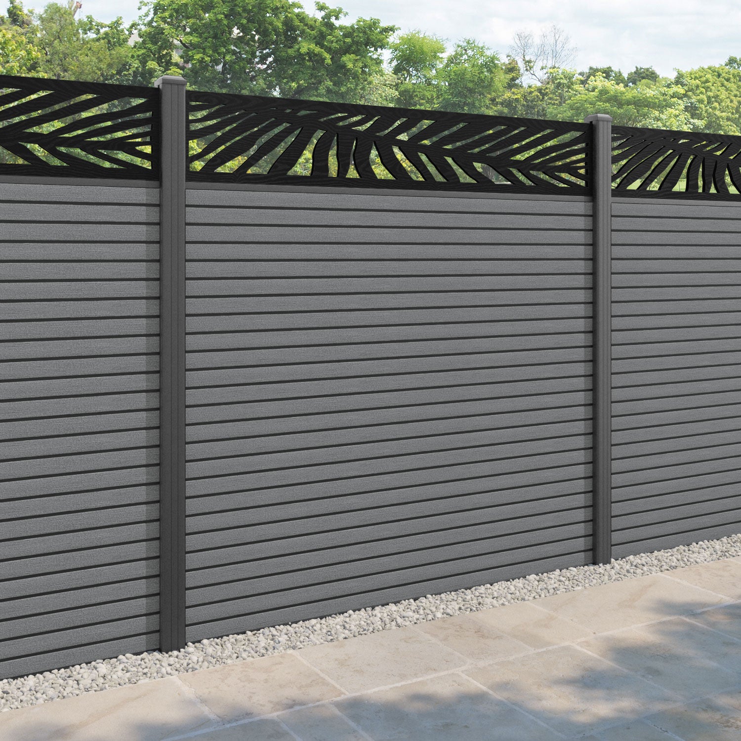 Hudson Palm Fence Panel - Mid Grey - with our aluminium posts