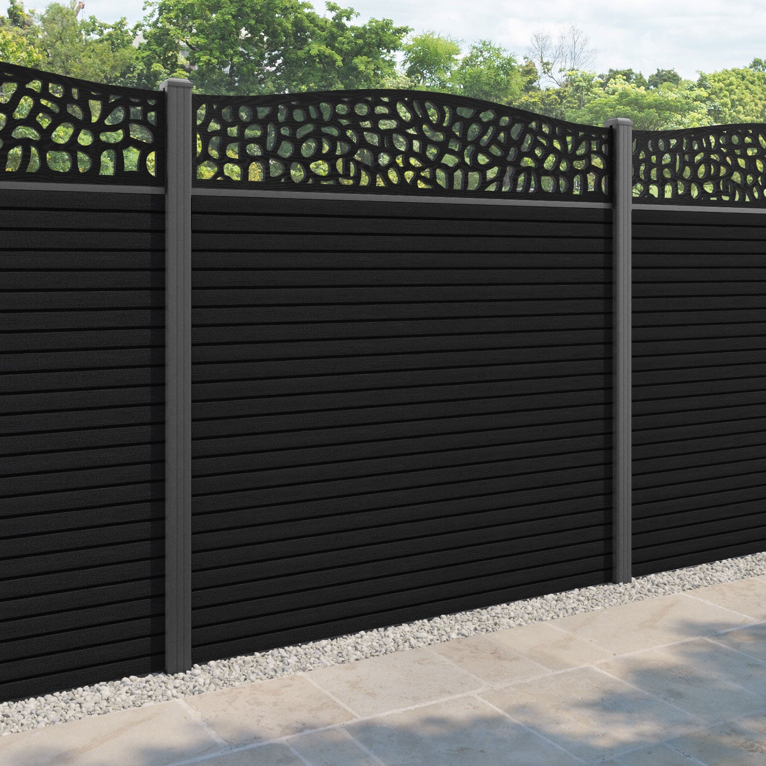 Hudson Pebble Curved Top Fence Panel - Black - with our aluminium posts