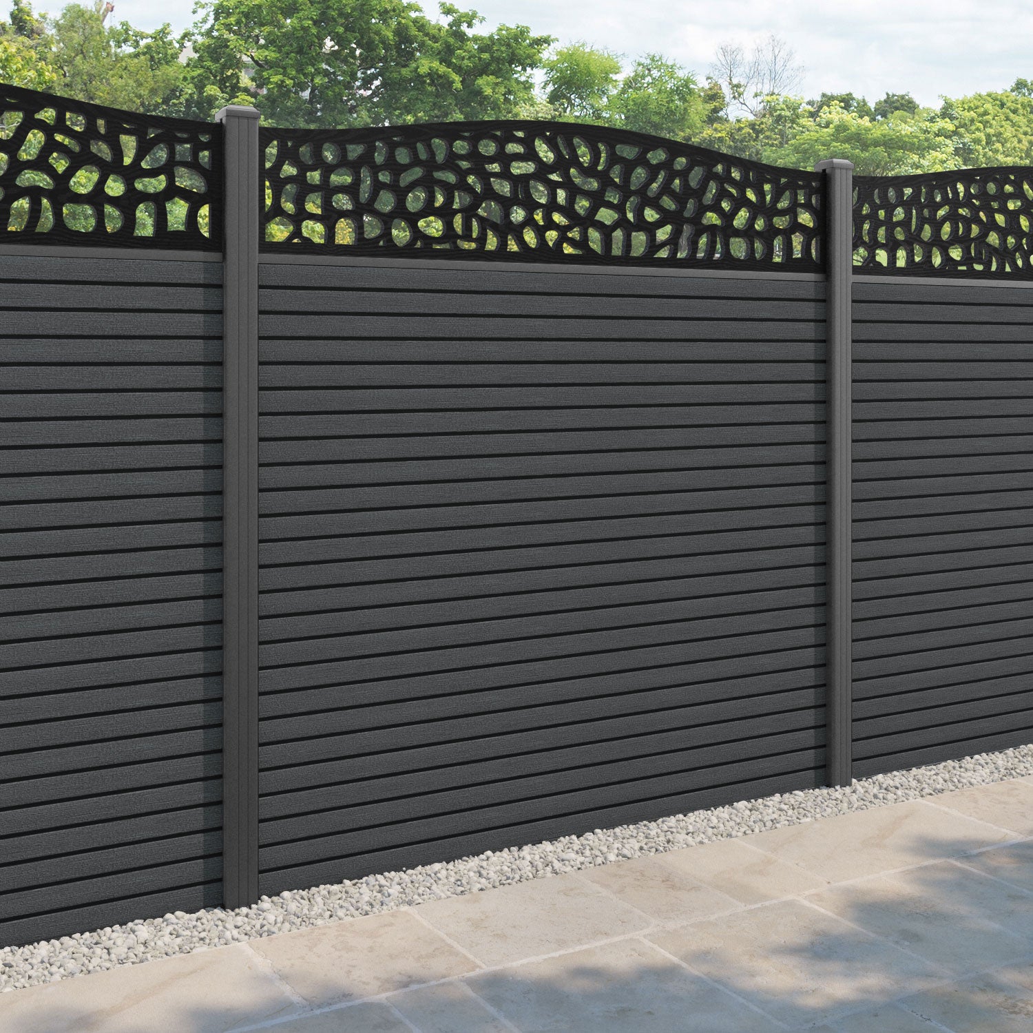 Hudson Pebble Curved Top Fence Panel - Dark Grey - with our aluminium posts
