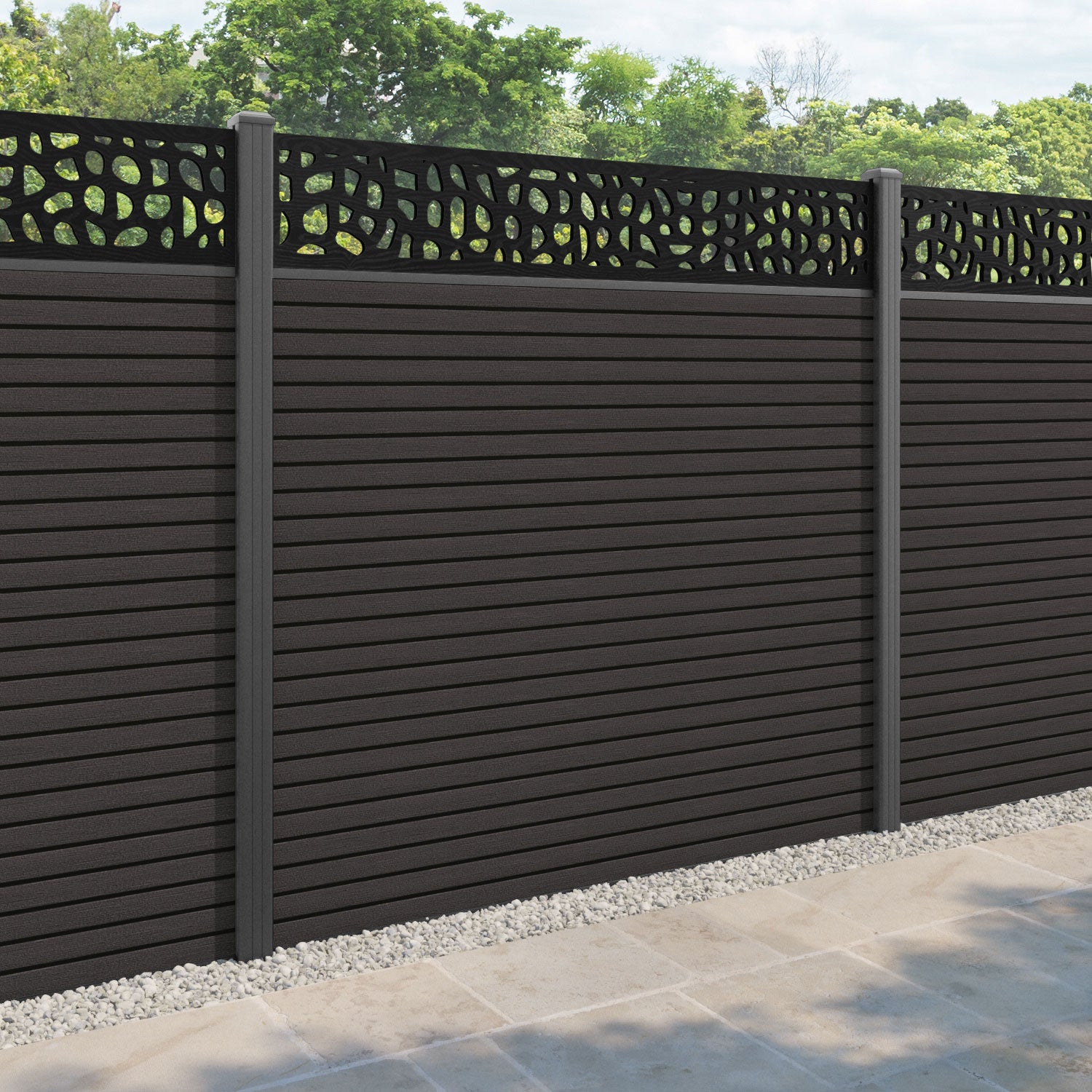 Hudson Pebble Fence Panel - Dark Oak - with our aluminium posts