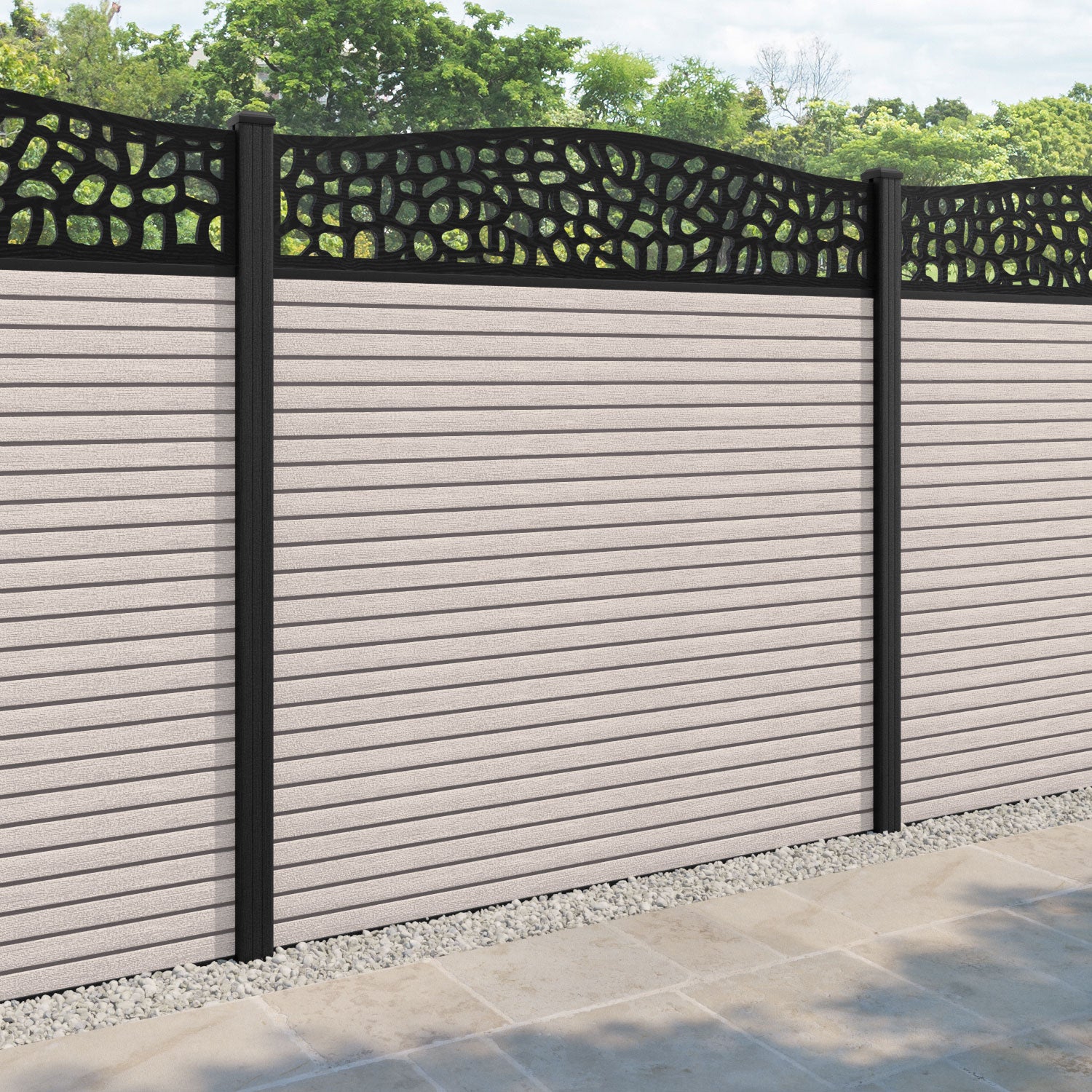 Hudson Pebble Curved Top Fence Panel - Mid Stone - with our composite posts