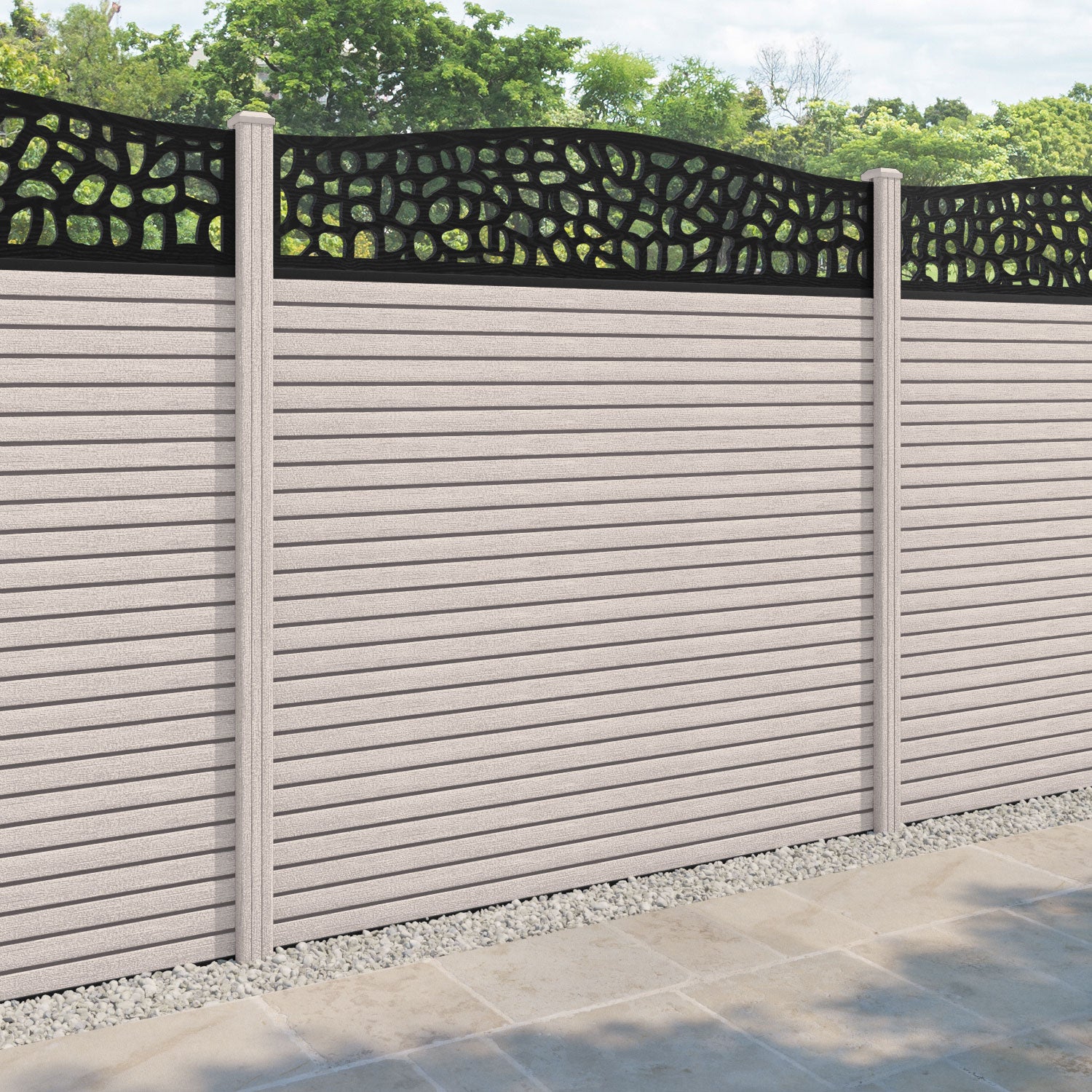 Hudson Pebble Curved Top Fence Panel - Mid Stone - with our composite posts