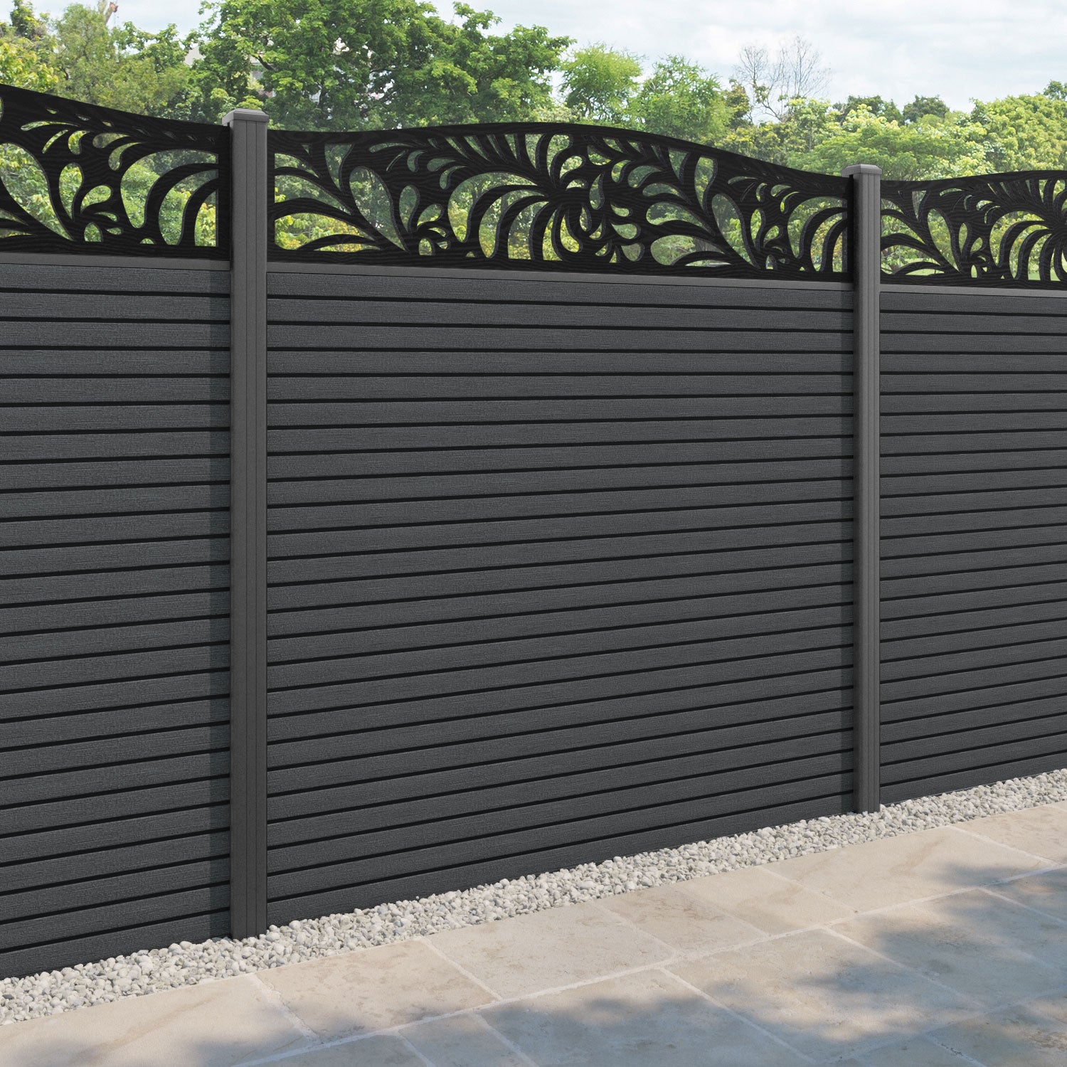 Hudson Petal Curved Top Fence Panel - Dark Grey - with our aluminium posts