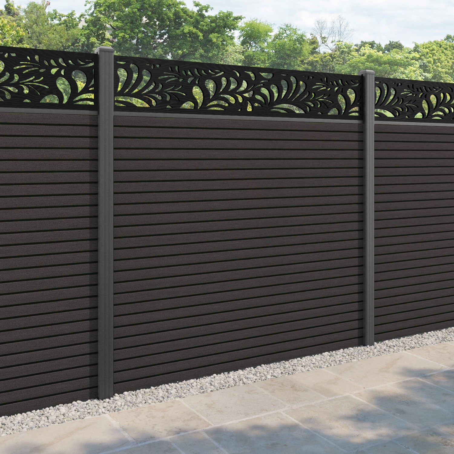 Hudson Petal Fence Panel - Dark Oak - with our aluminium posts