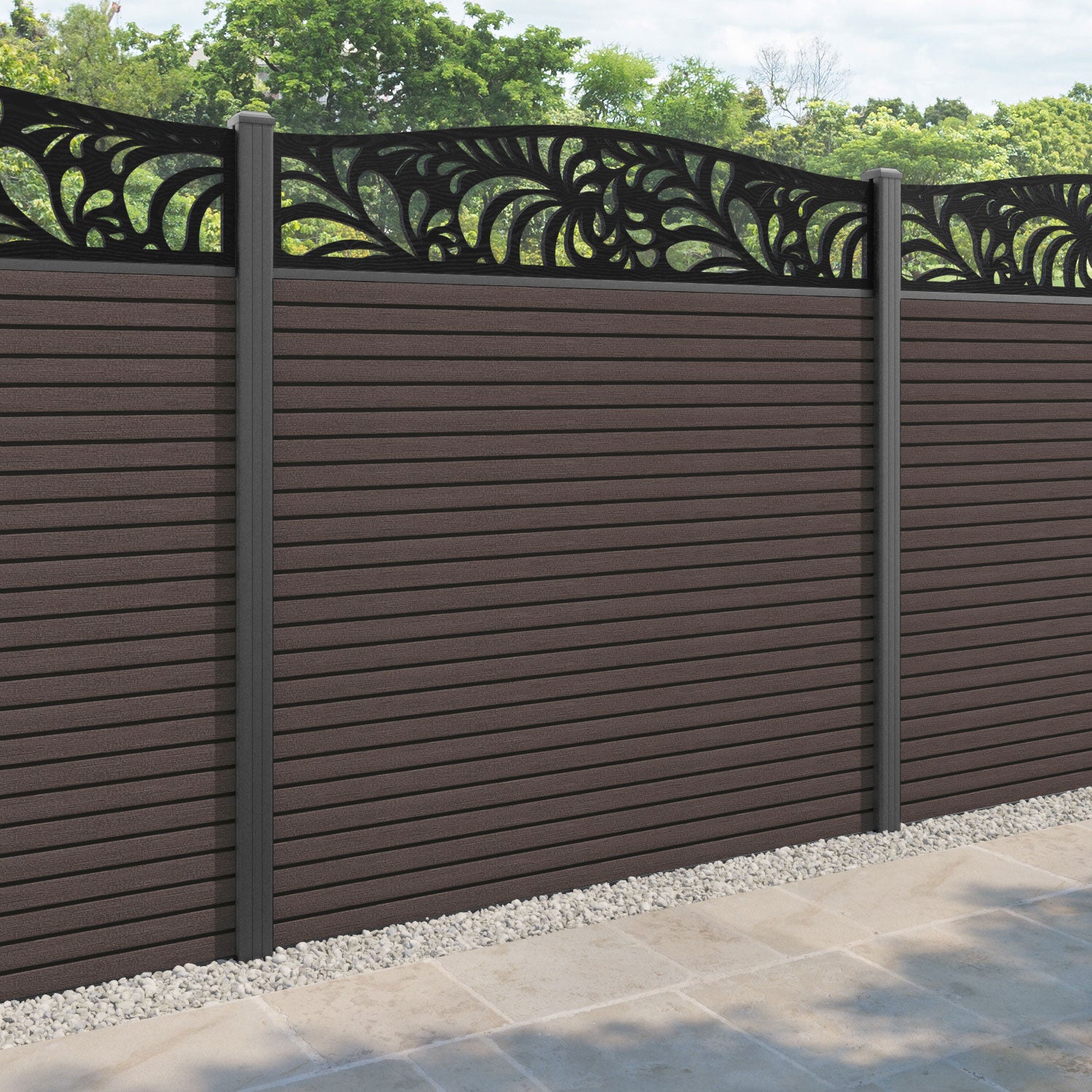 Hudson Petal Curved Top Fence Panel - Mid Brown - with our aluminium posts