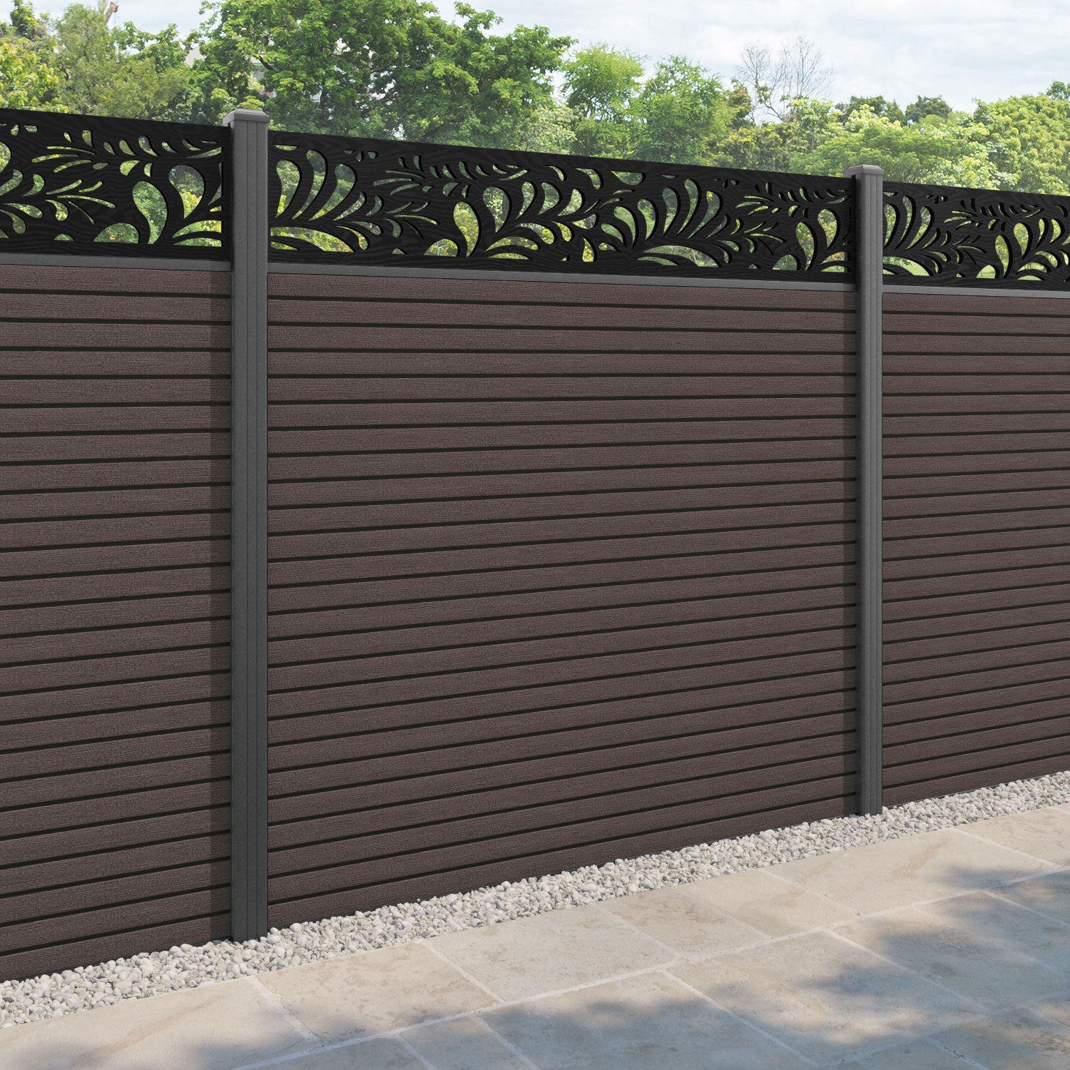 Hudson Petal Fence Panel - Mid Brown - with our aluminium posts