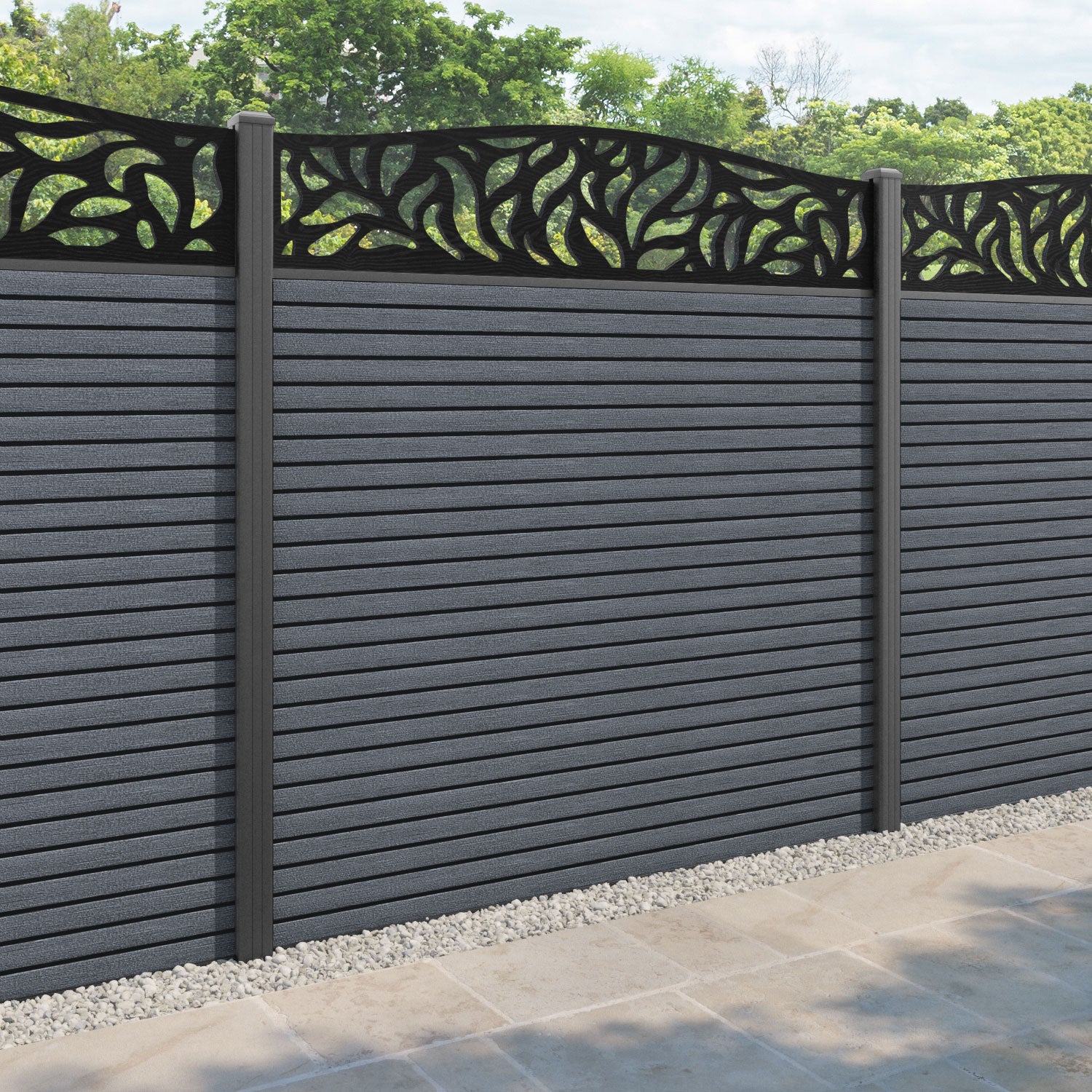 Hudson Plume Curved Top Fence Panel - Anthracite - with our aluminium posts