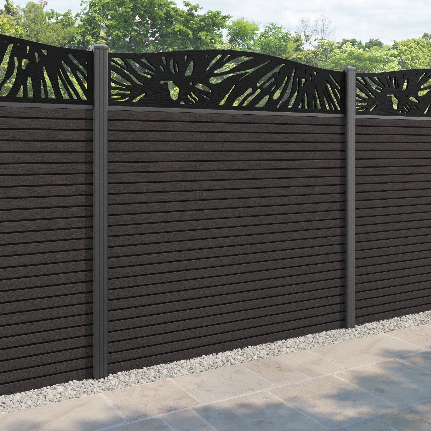 Hudson Poppy Curved Top Fence Panel - Dark Oak - with our aluminium posts