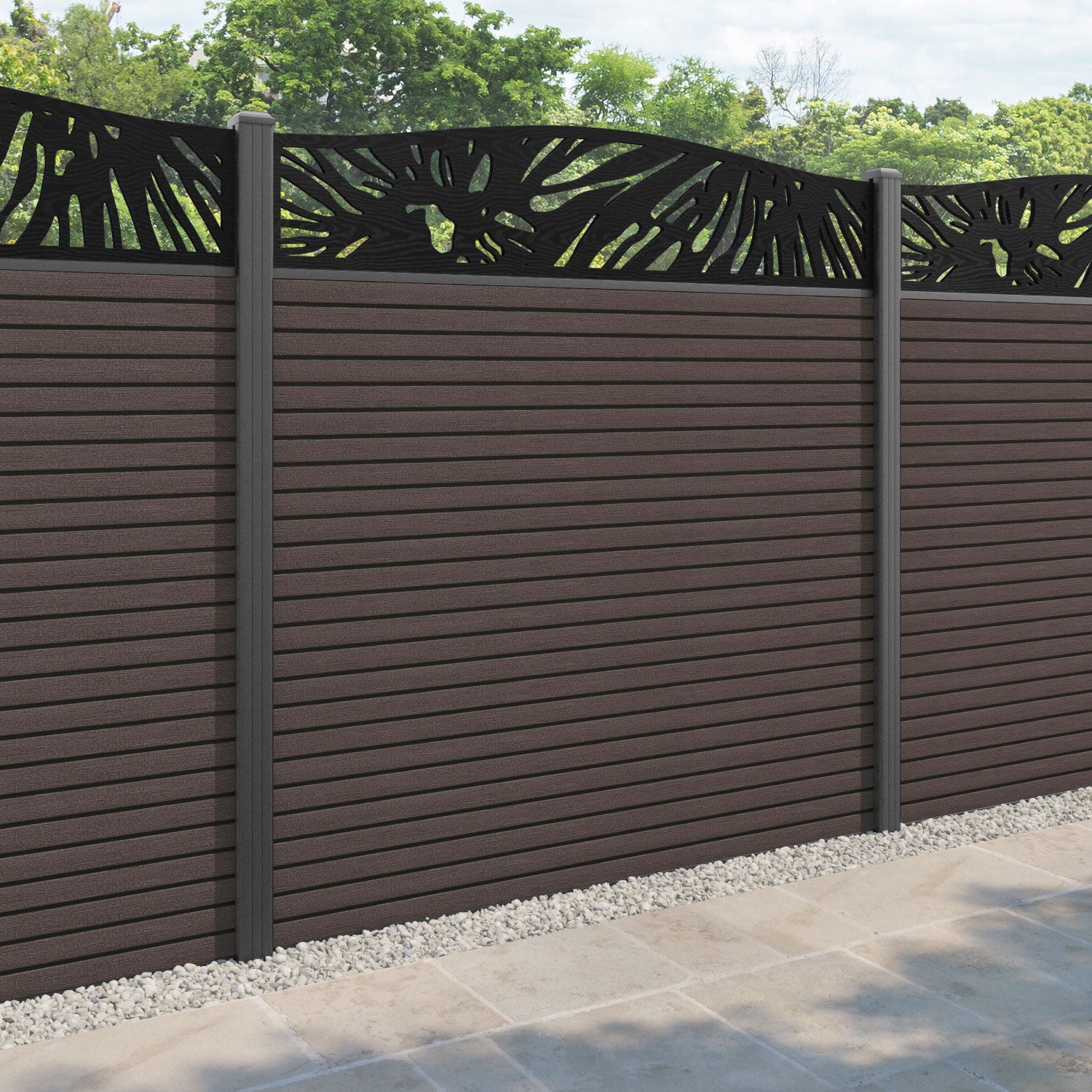 Hudson Poppy Curved Top Fence Panel - Mid Brown - with our aluminium posts
