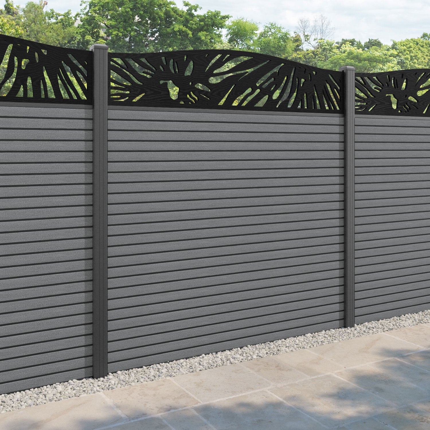 Hudson Poppy Curved Top Fence Panel - Mid Grey - with our aluminium posts