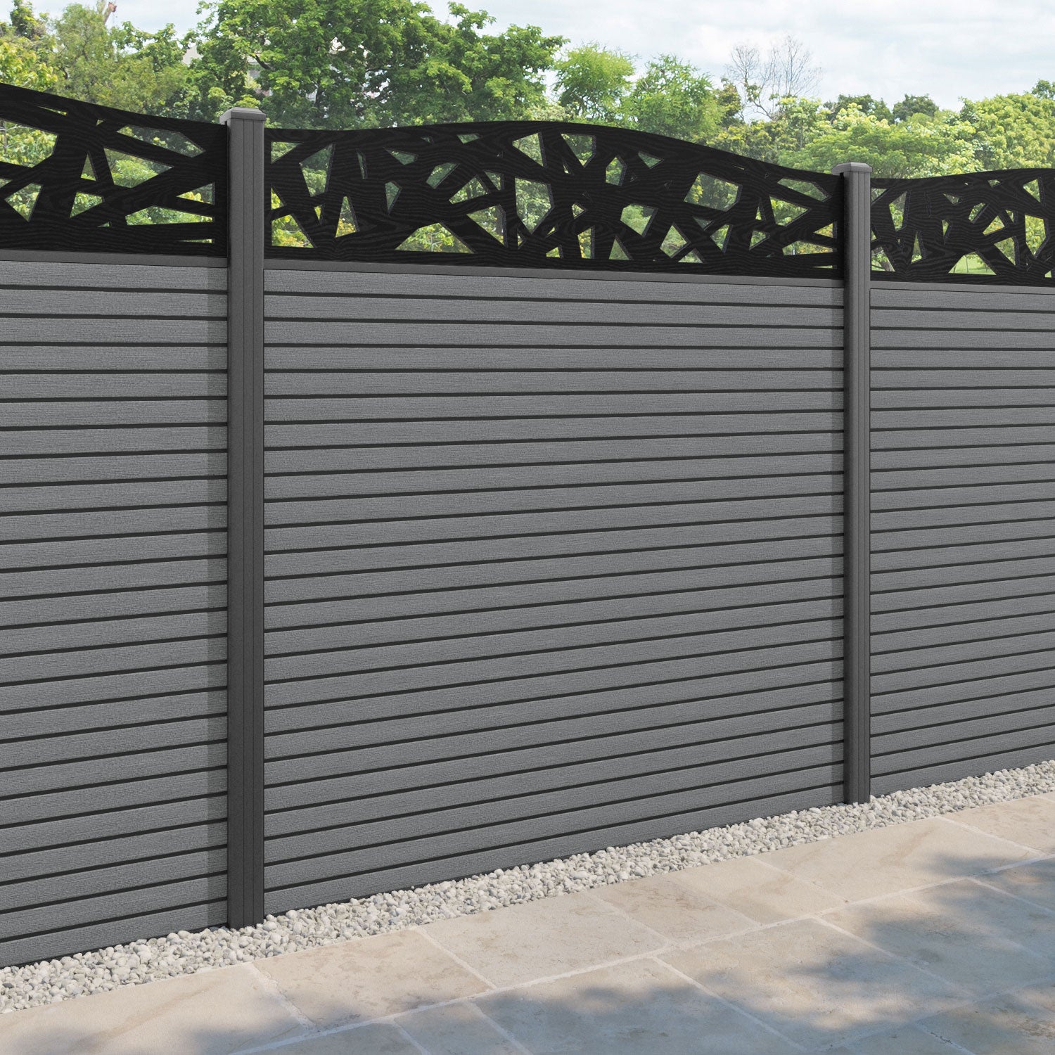 Hudson Prism Curved Top Fence Panel - Mid Grey - with our aluminium posts