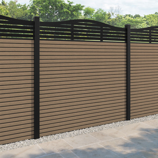 Hudson Aspen Curved Top Fence Panel - Teak - with our aluminium posts