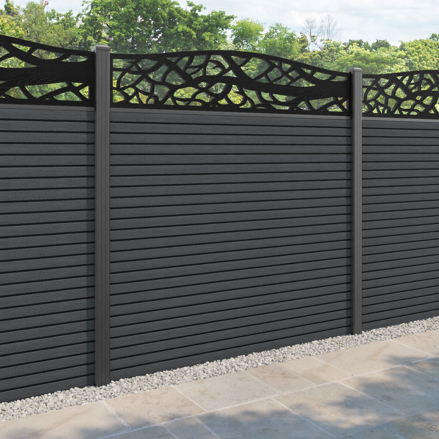 Hudson Twilight Curved Top Fence Panel - Dark Grey - with our aluminium posts
