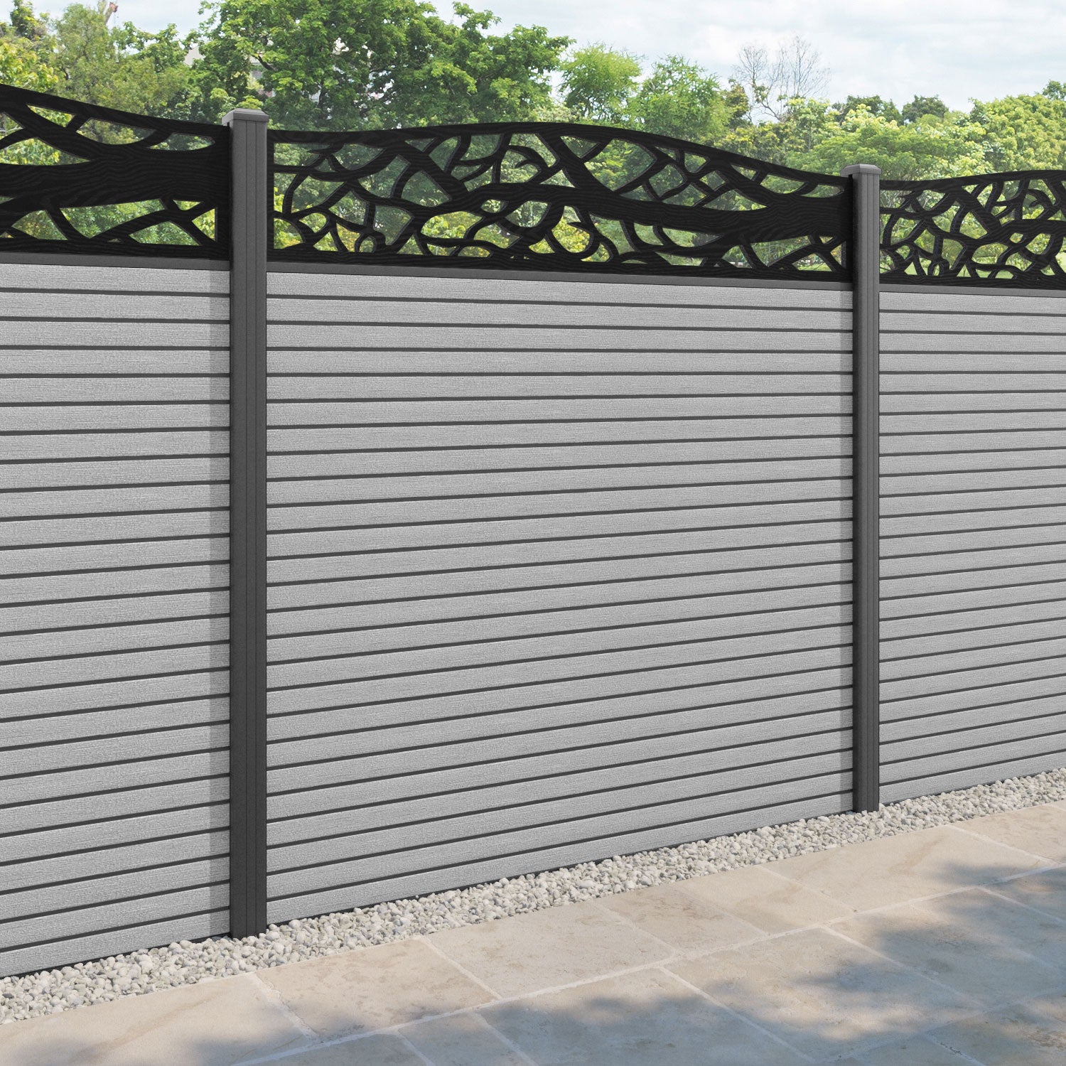 Hudson Twilight Curved Top Fence Panel - Light Grey - with our aluminium posts