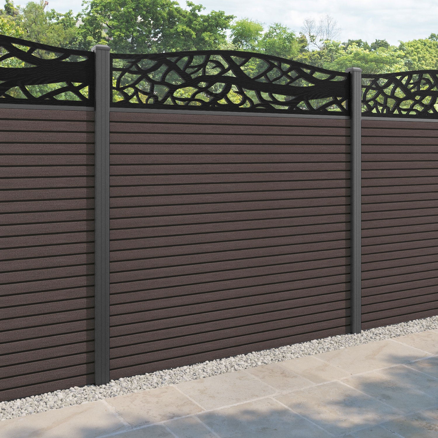 Hudson Twilight Curved Top Fence Panel - Mid Brown - with our aluminium posts