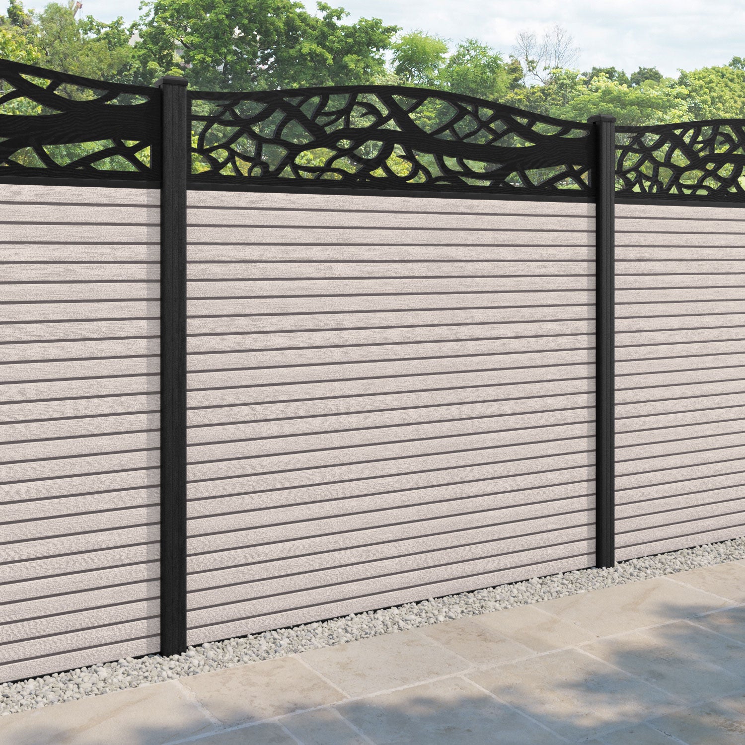Hudson Twilight Curved Top Fence Panel - Mid Stone - with our composite posts