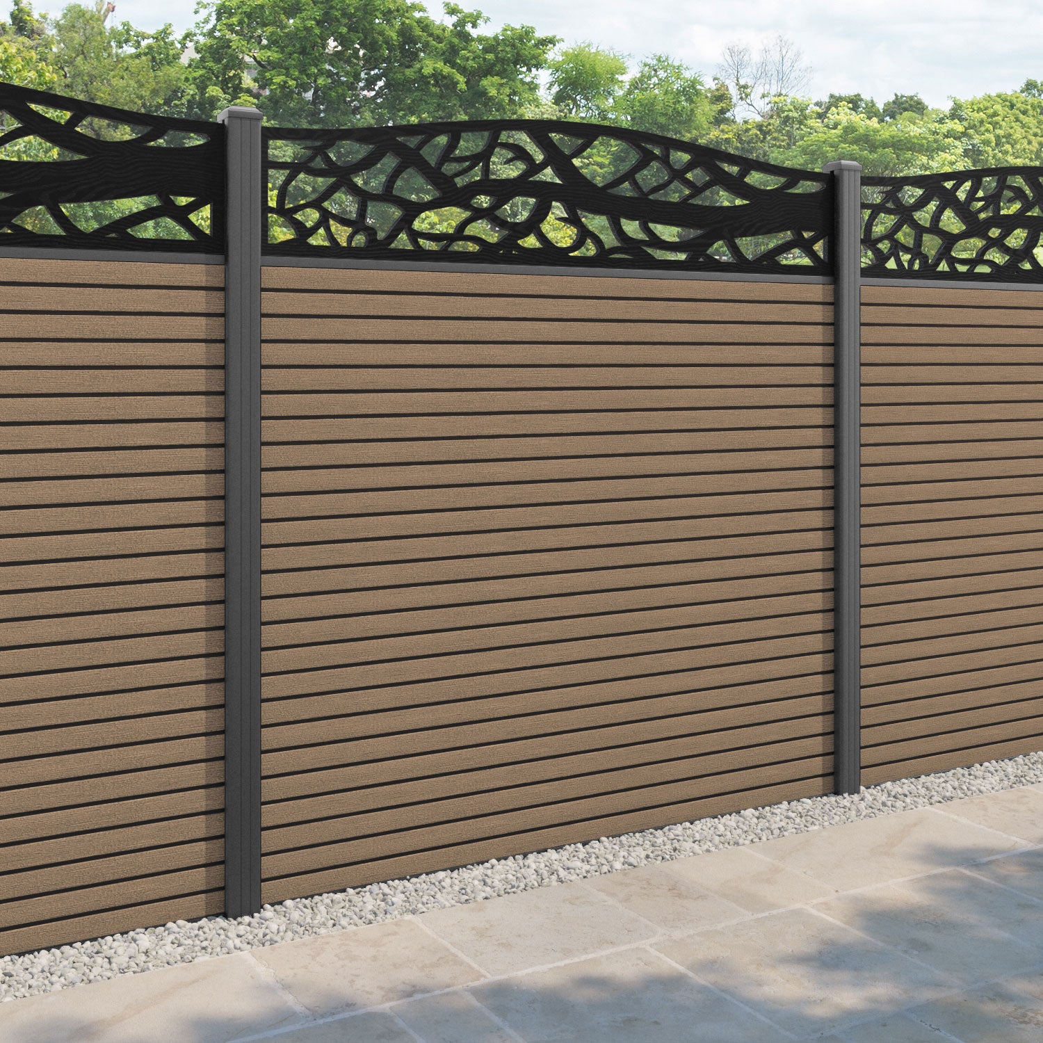 Hudson Twilight Curved Top Fence Panel - Teak - with our aluminium posts