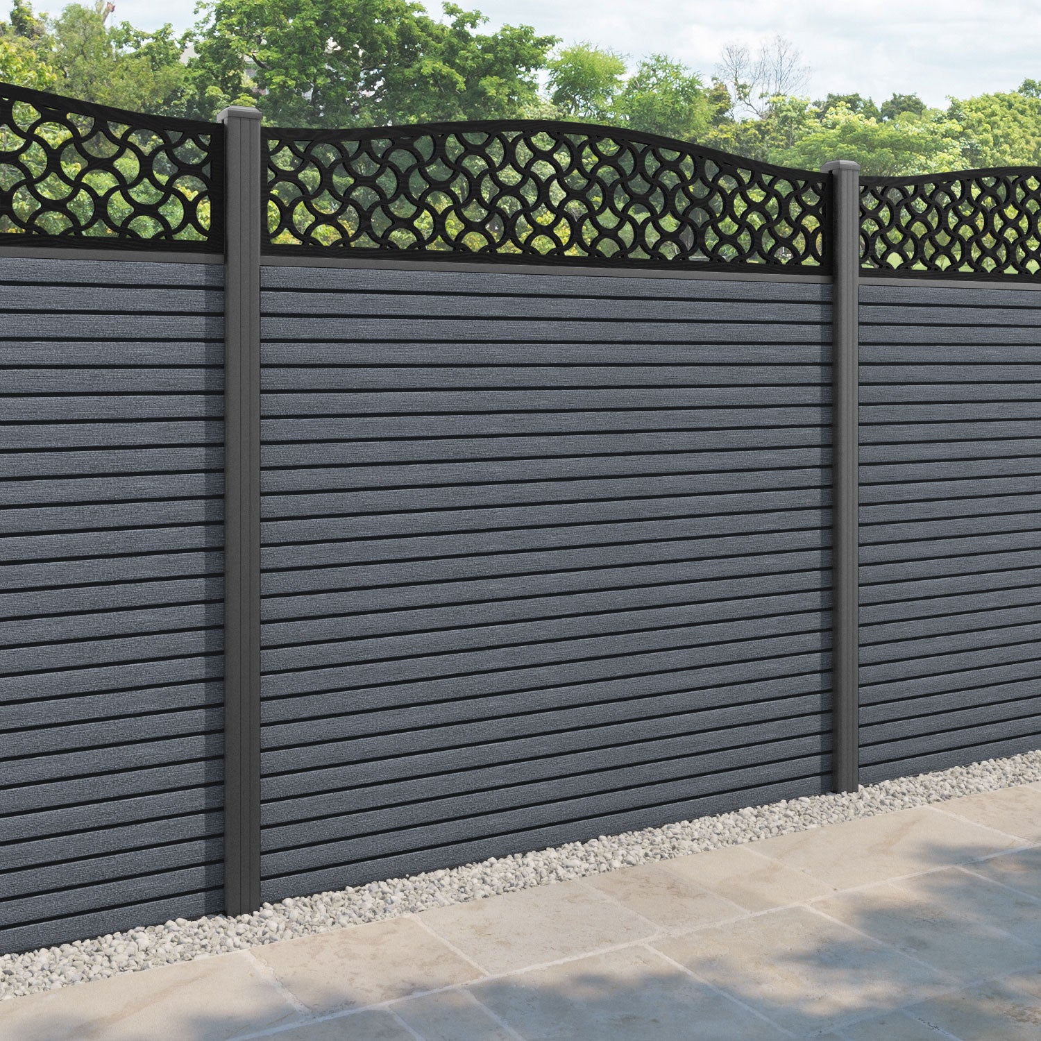 Hudson Vida Curved Top Fence Panel - Anthracite - with our aluminium posts