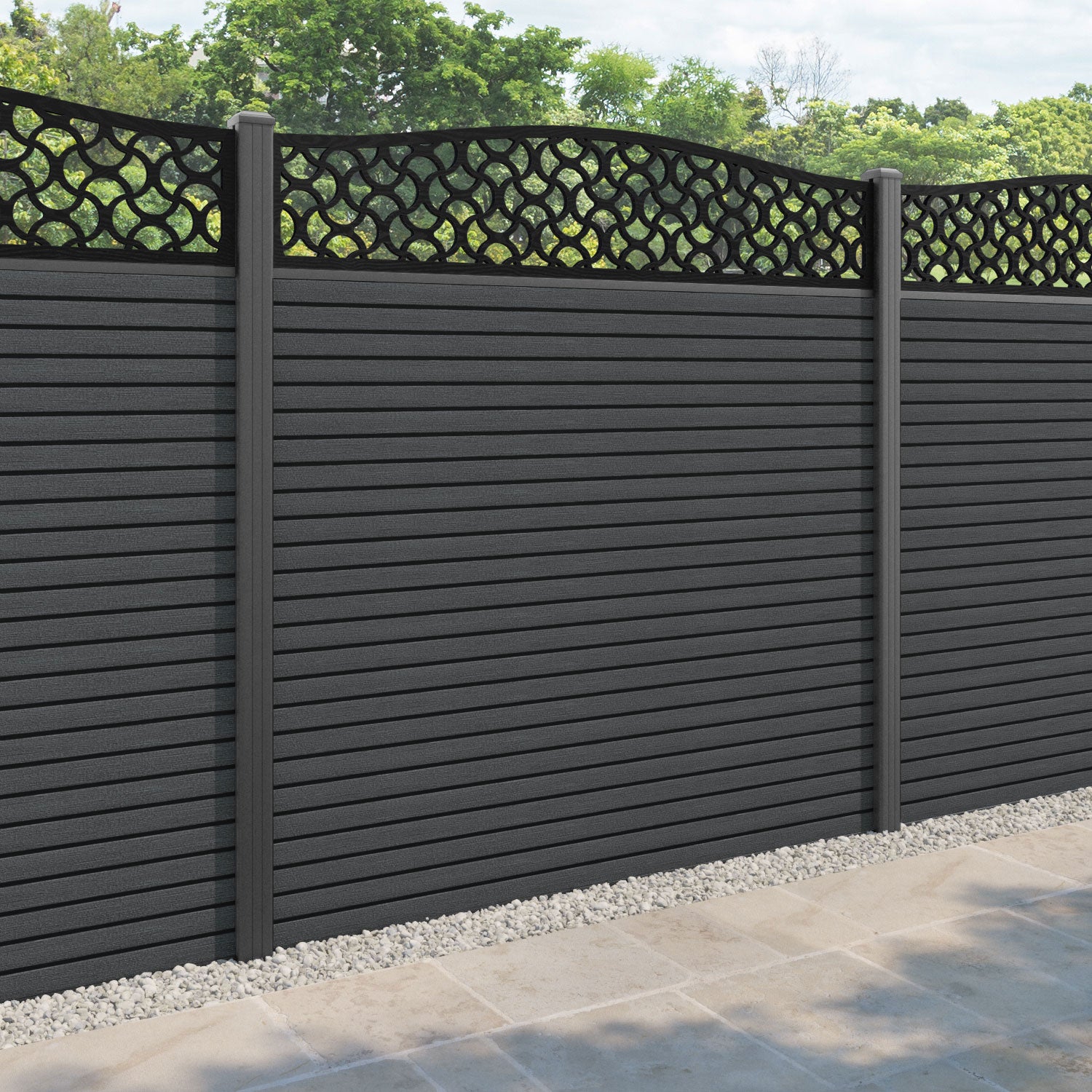 Hudson Vida Curved Top Fence Panel - Dark Grey - with our aluminium posts