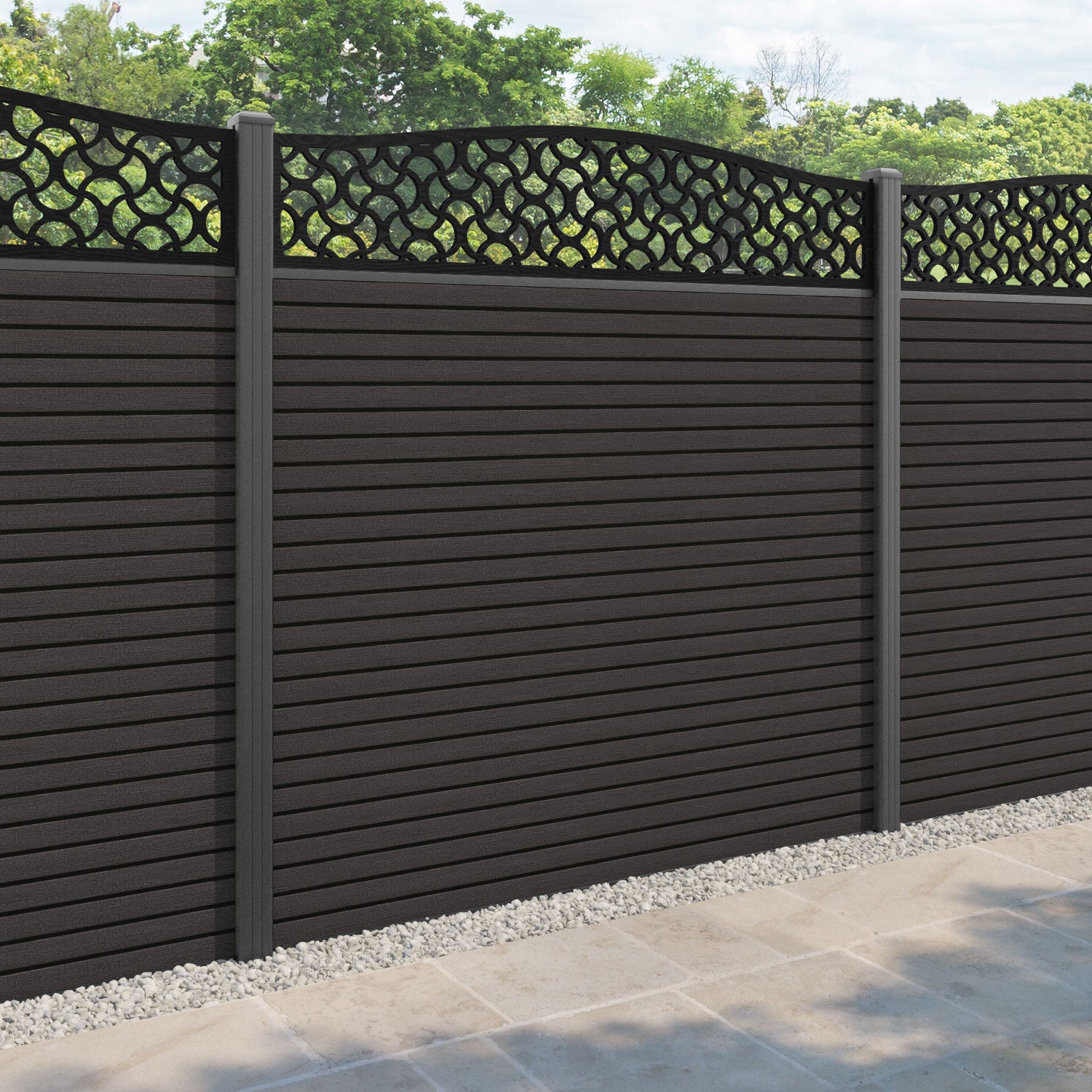 Hudson Vida Curved Top Fence Panel - Dark Oak - with our aluminium posts