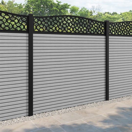 Hudson Vida Curved Top Fence Panel - Light Grey - with our aluminium posts