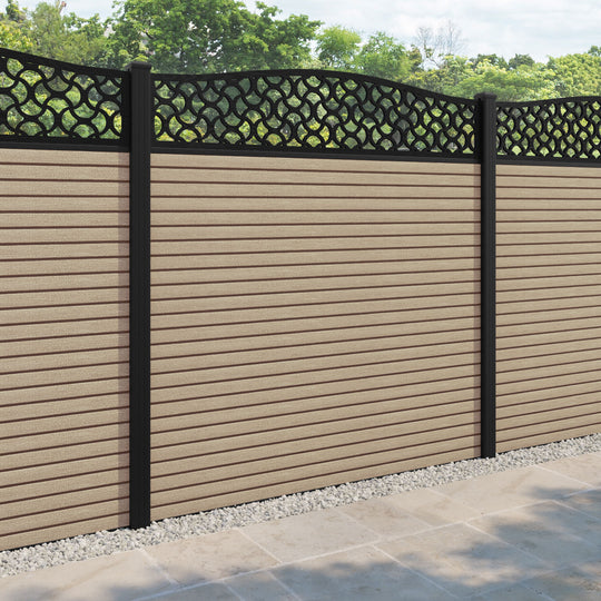 Hudson Vida Curved Top Fence Panel - Light Oak - with our aluminium posts