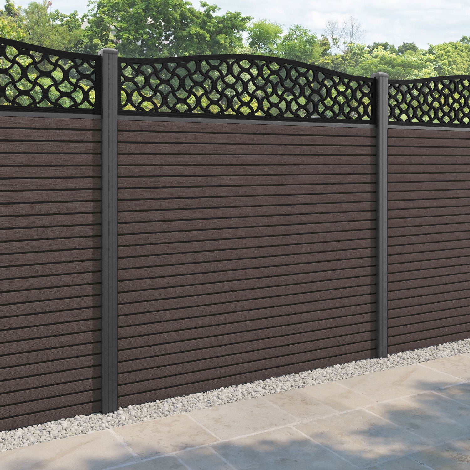 Hudson Vida Curved Top Fence Panel - Mid Brown - with our aluminium posts