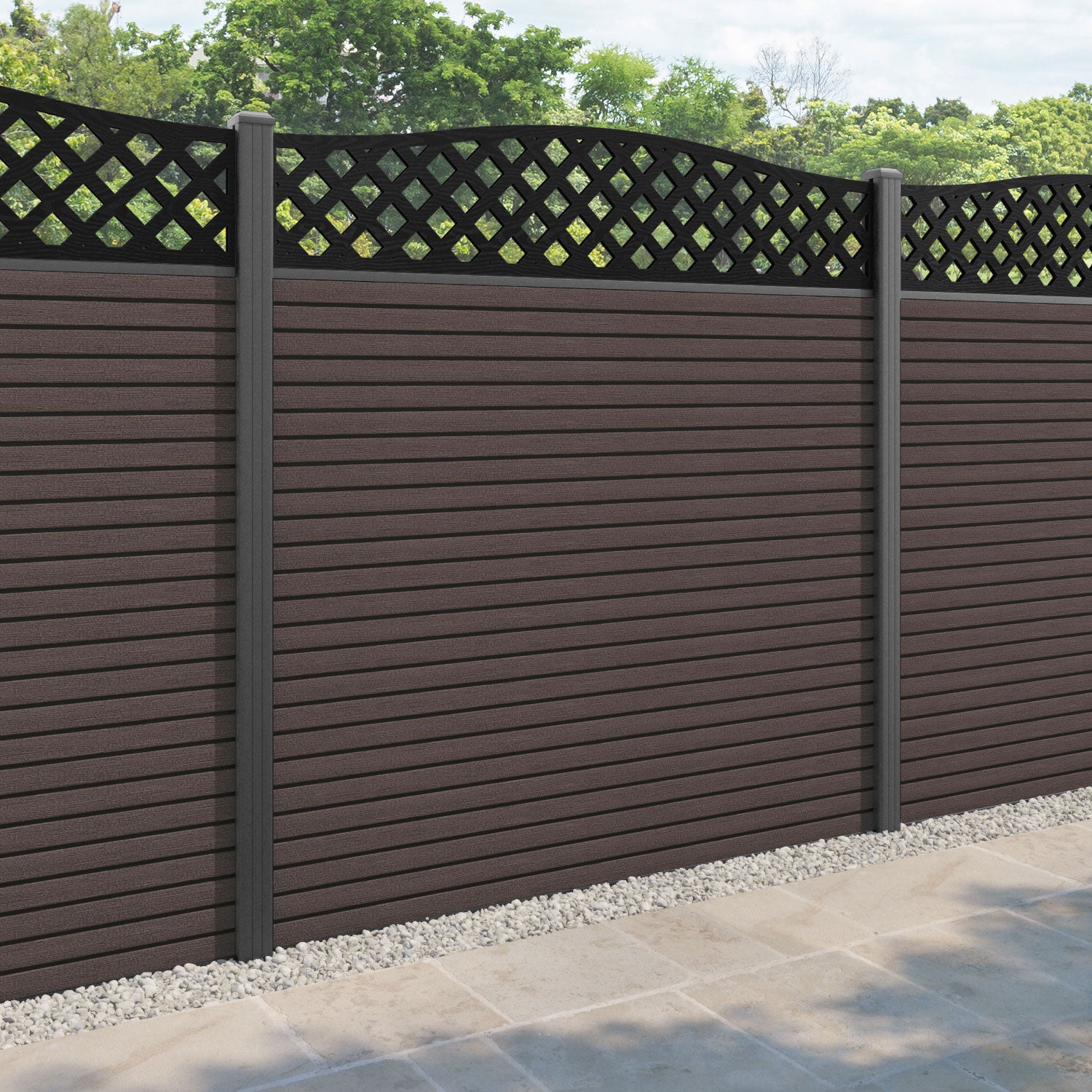 Hudson High Wave Fence Panel - Mid Brown - with our aluminium posts