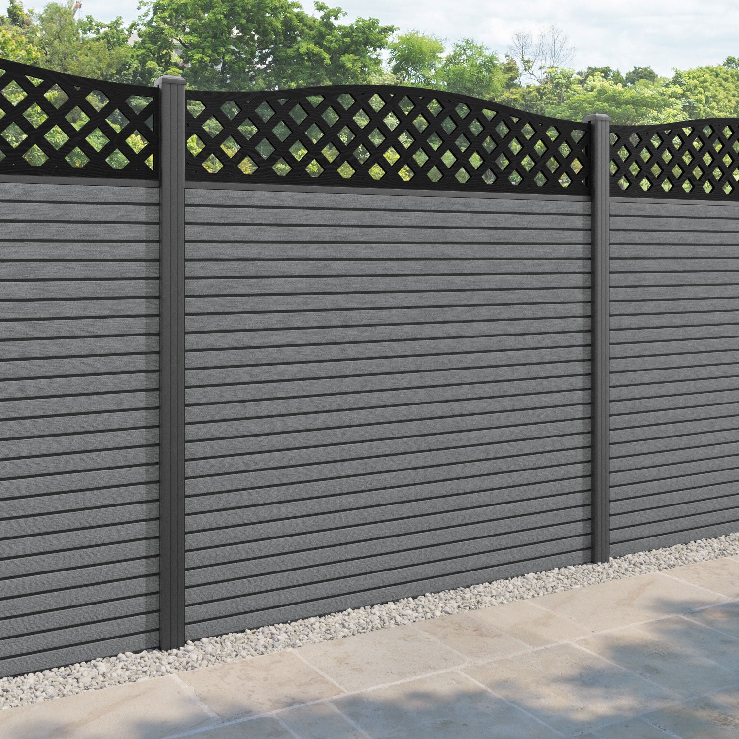 Hudson High Wave Fence Panel - Mid Grey - with our aluminium posts