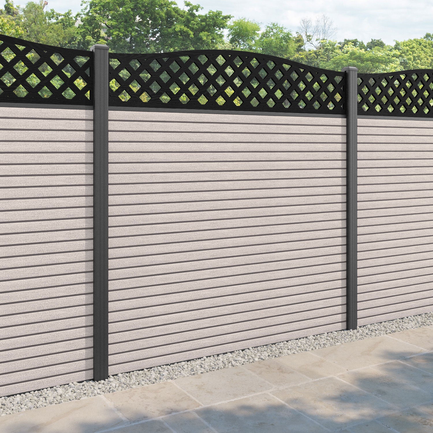 Hudson High Wave Curved Top Fence Panel - Mid Stone - with our aluminium posts