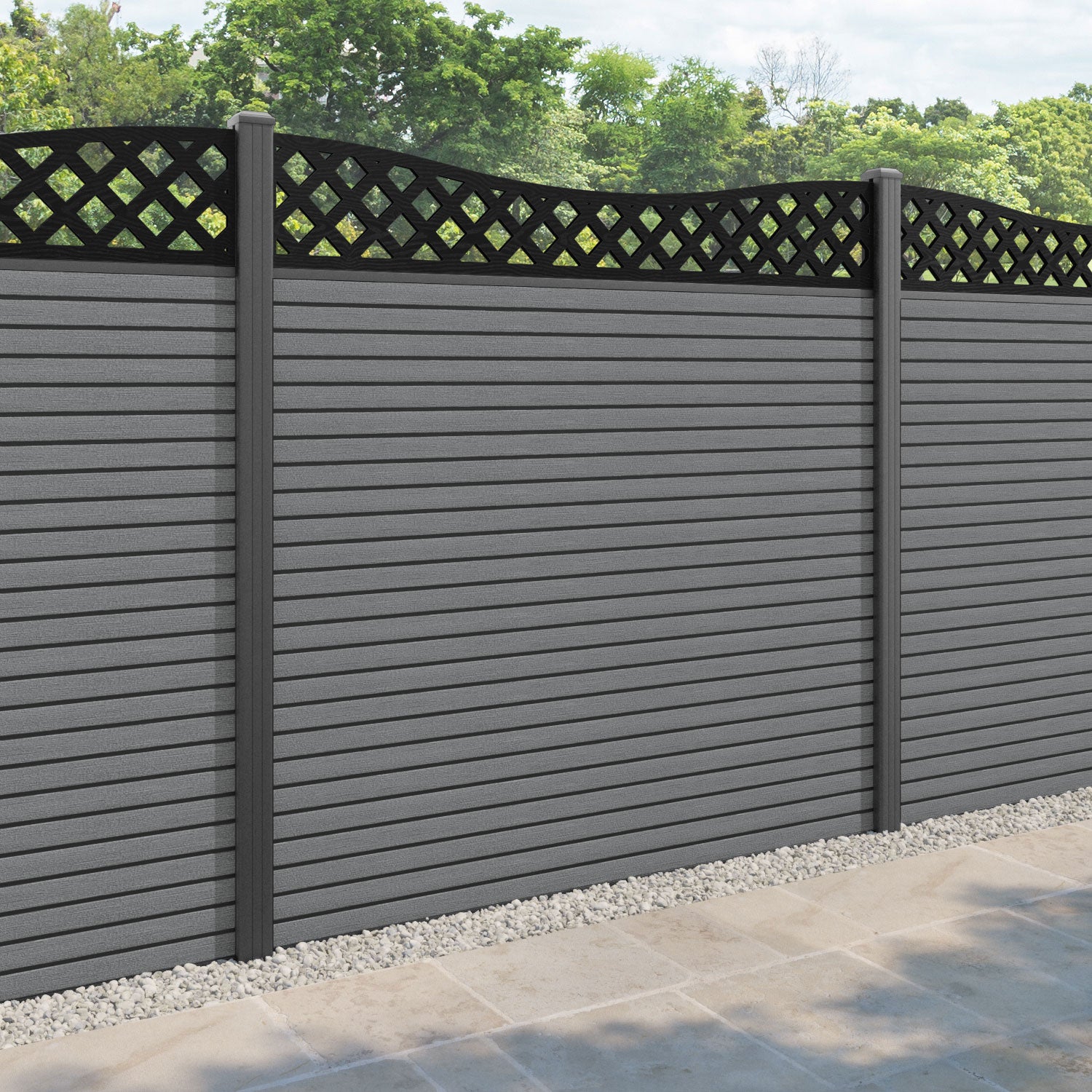 Hudson Low Wave Fence Panel - Mid Grey - with our aluminium posts