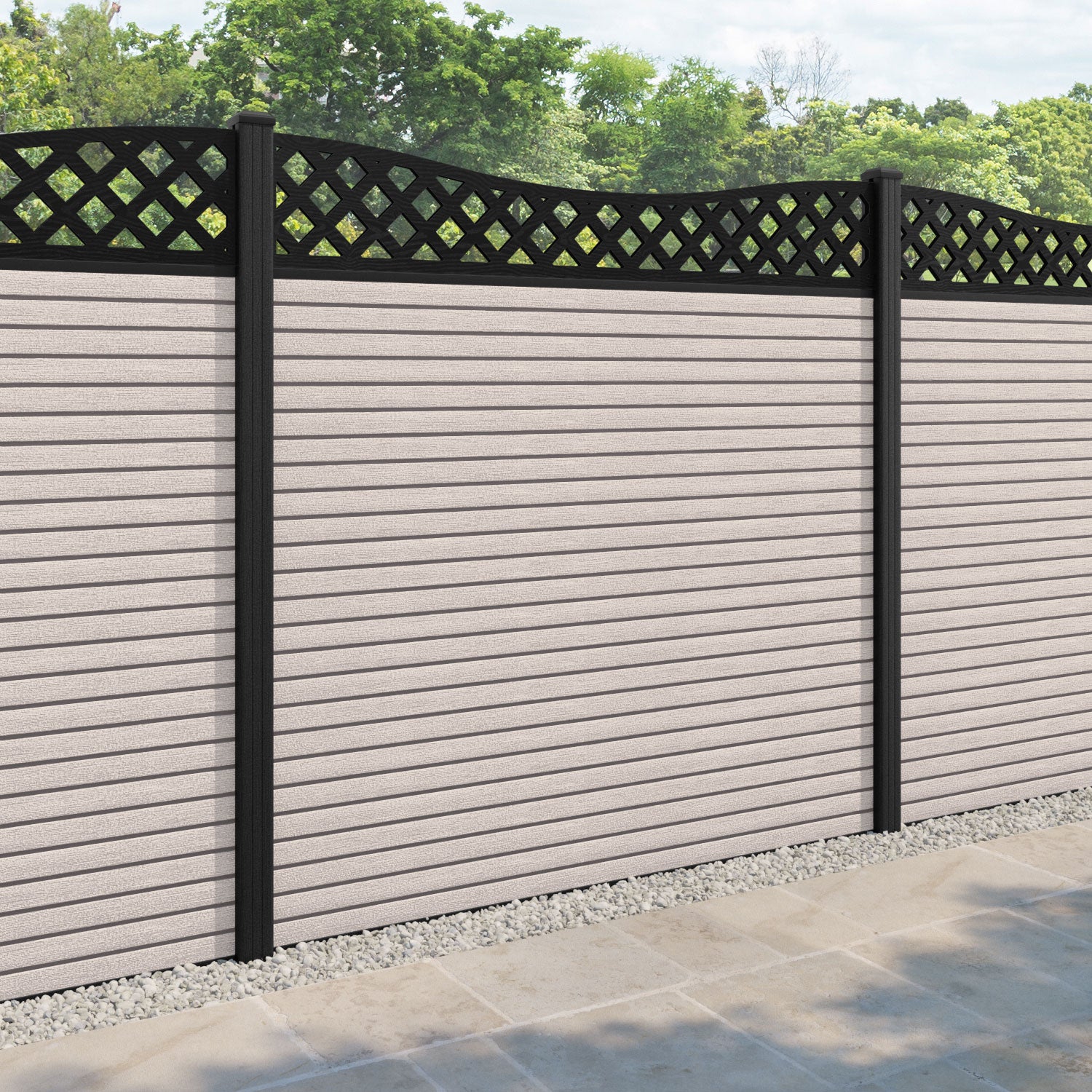 Hudson Low Wave Curved Top Fence Panel - Mid Stone - with our composite posts