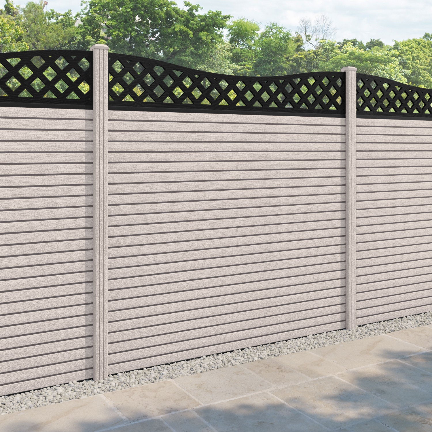 Hudson Low Wave Curved Top Fence Panel - Mid Stone - with our composite posts
