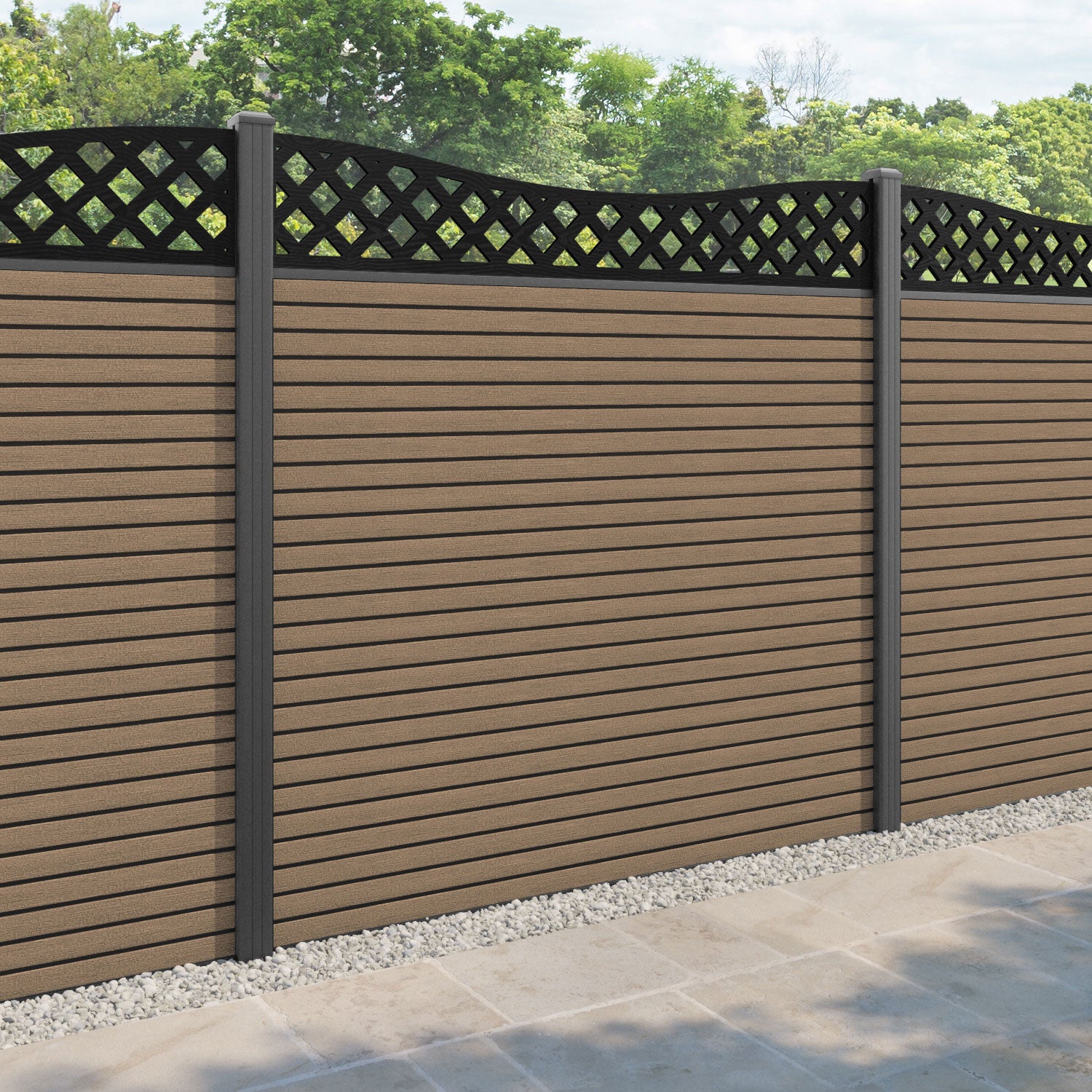Hudson Low Wave Fence Panel - Teak - with our aluminium posts