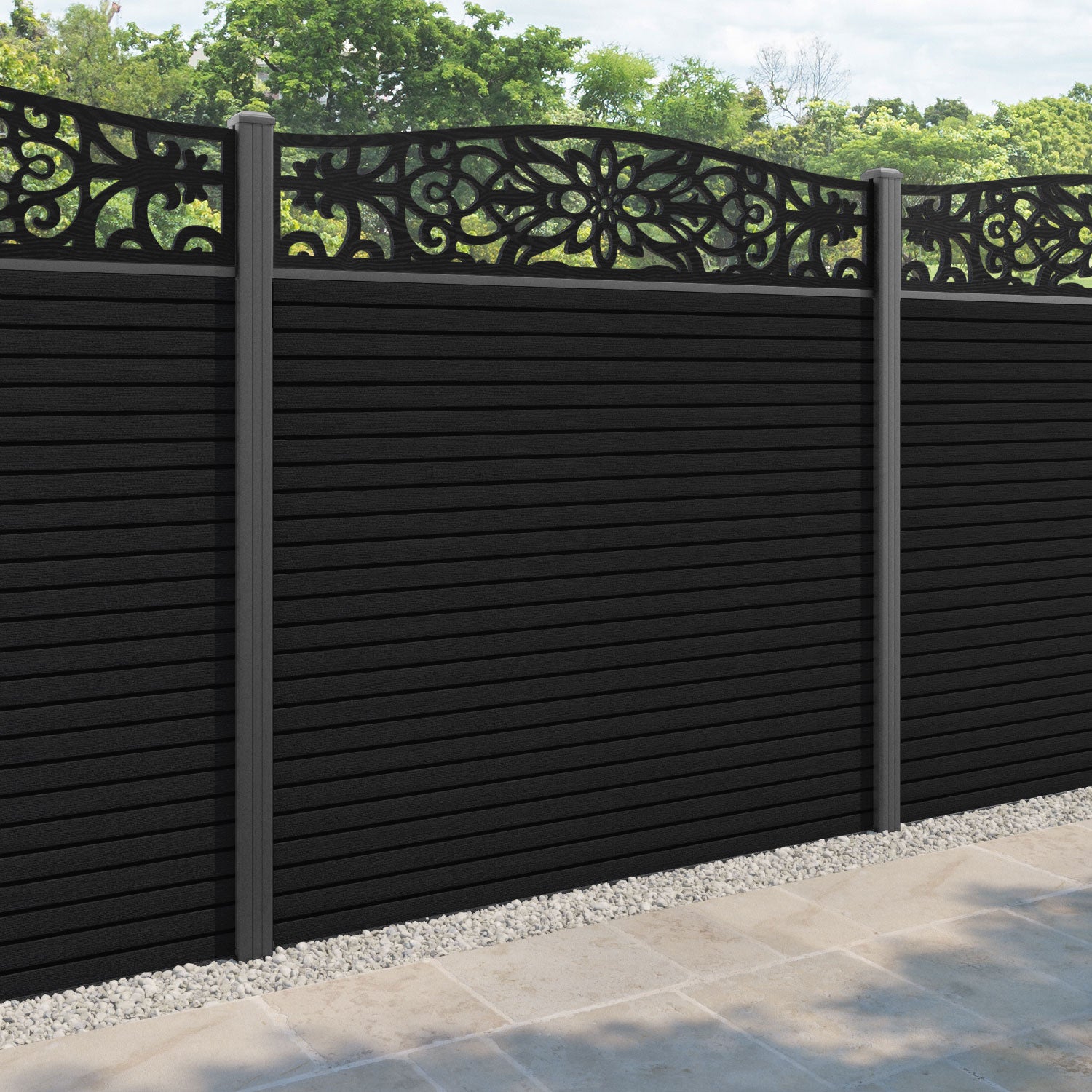 Hudson Windsor Curved Top Fence Panel - Black - with our aluminium posts