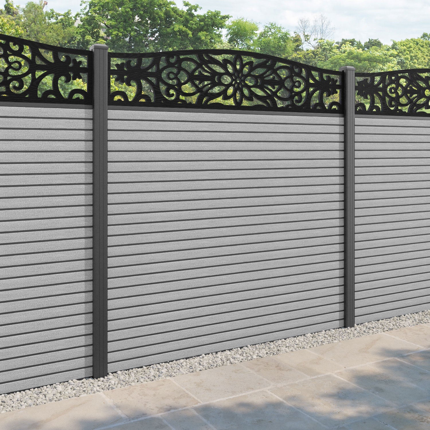 Hudson Windsor Curved Top Fence Panel - Light Grey - with our aluminium posts