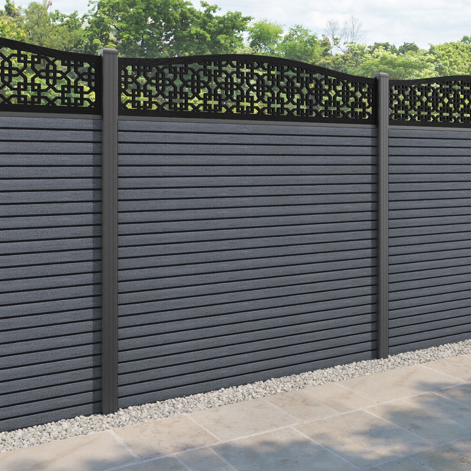 Hudson Zaria Curved Top Fence Panel - Anthracite - with our aluminium posts