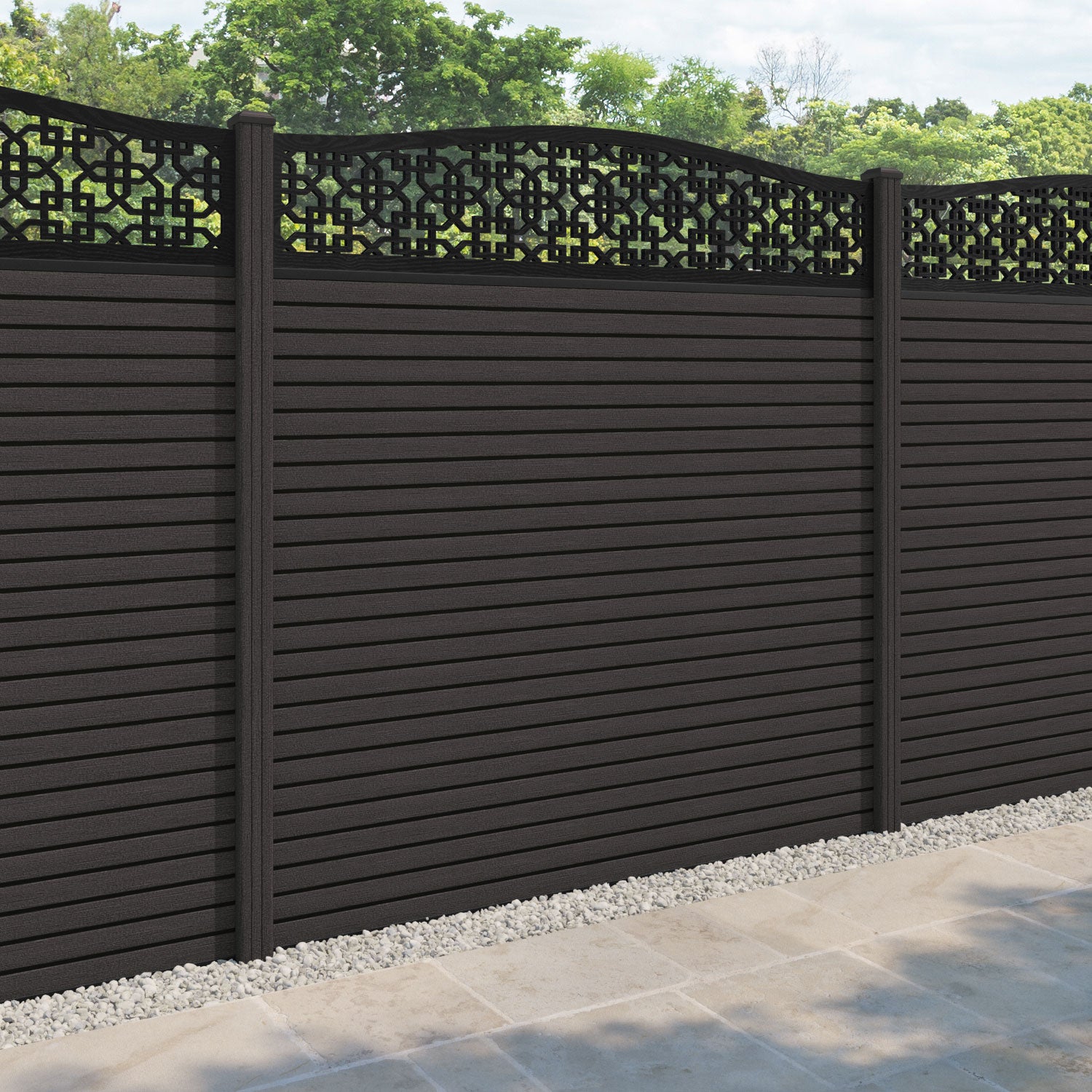 Hudson Zaria Curved Top Fence Panel - Dark Oak - with our composite posts